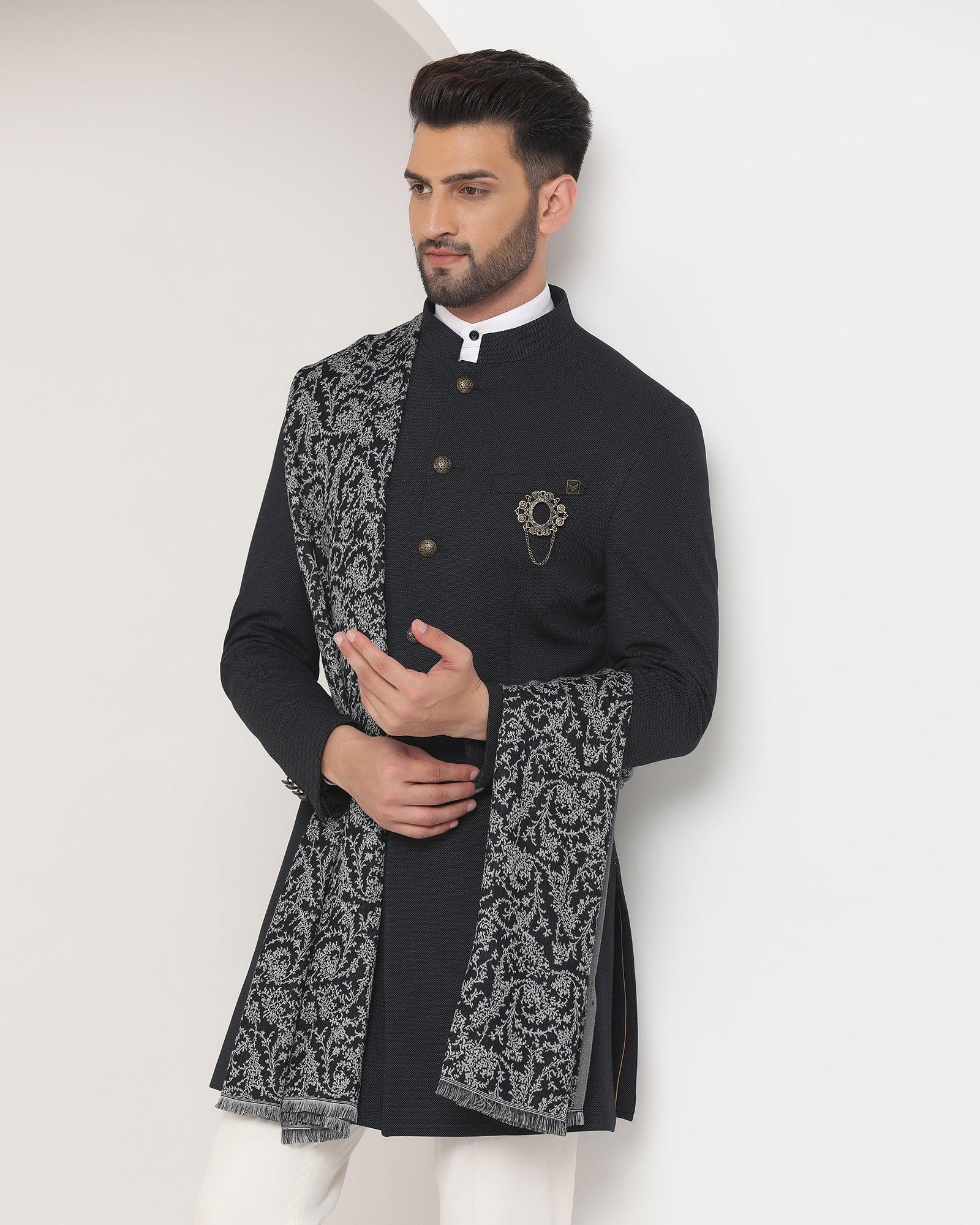 Swarn Two Piece Black Textured Achkan Set - Regal - Blackberrys