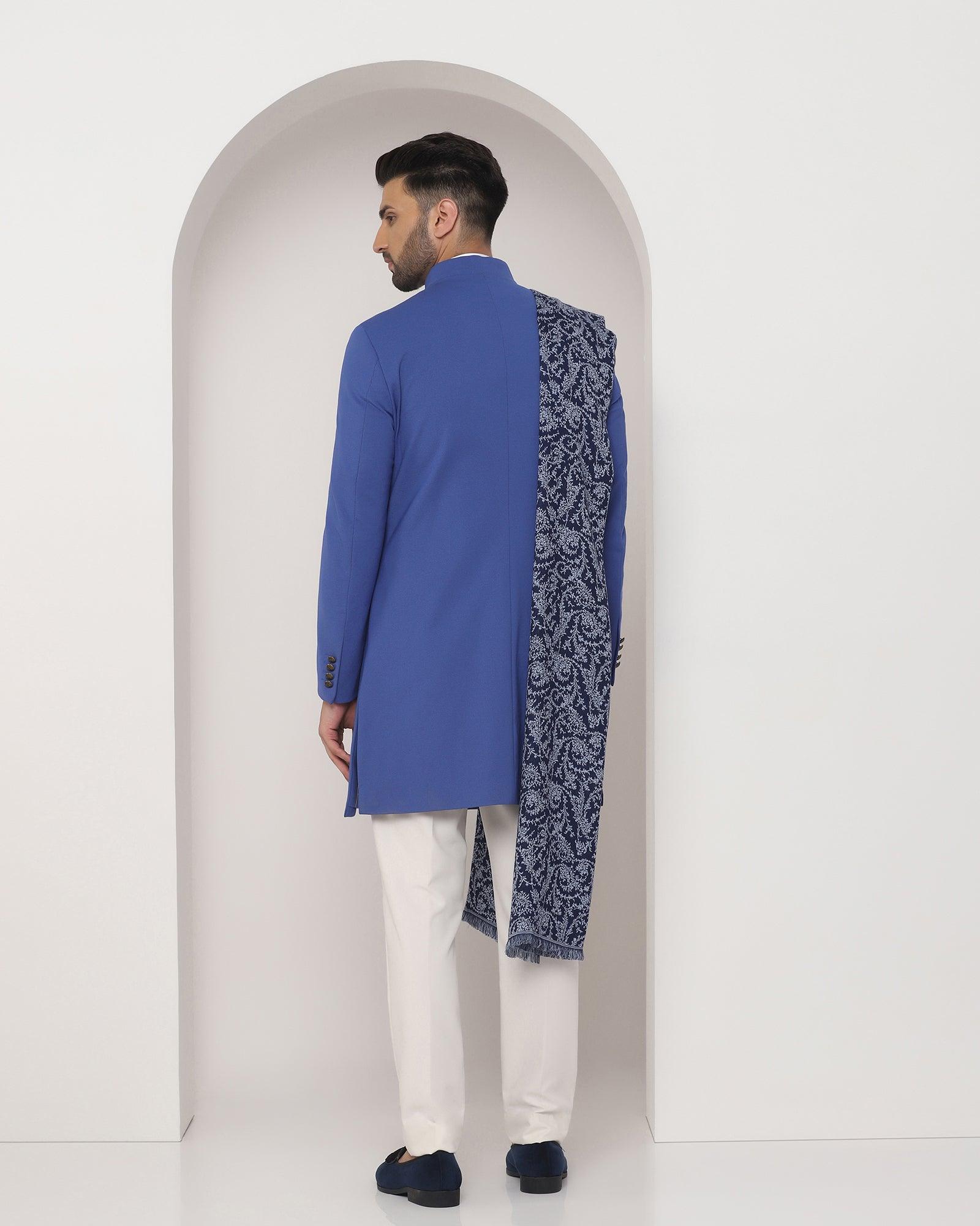 Swarn Two Piece Blue Textured Achkan Set - Regal - Blackberrys