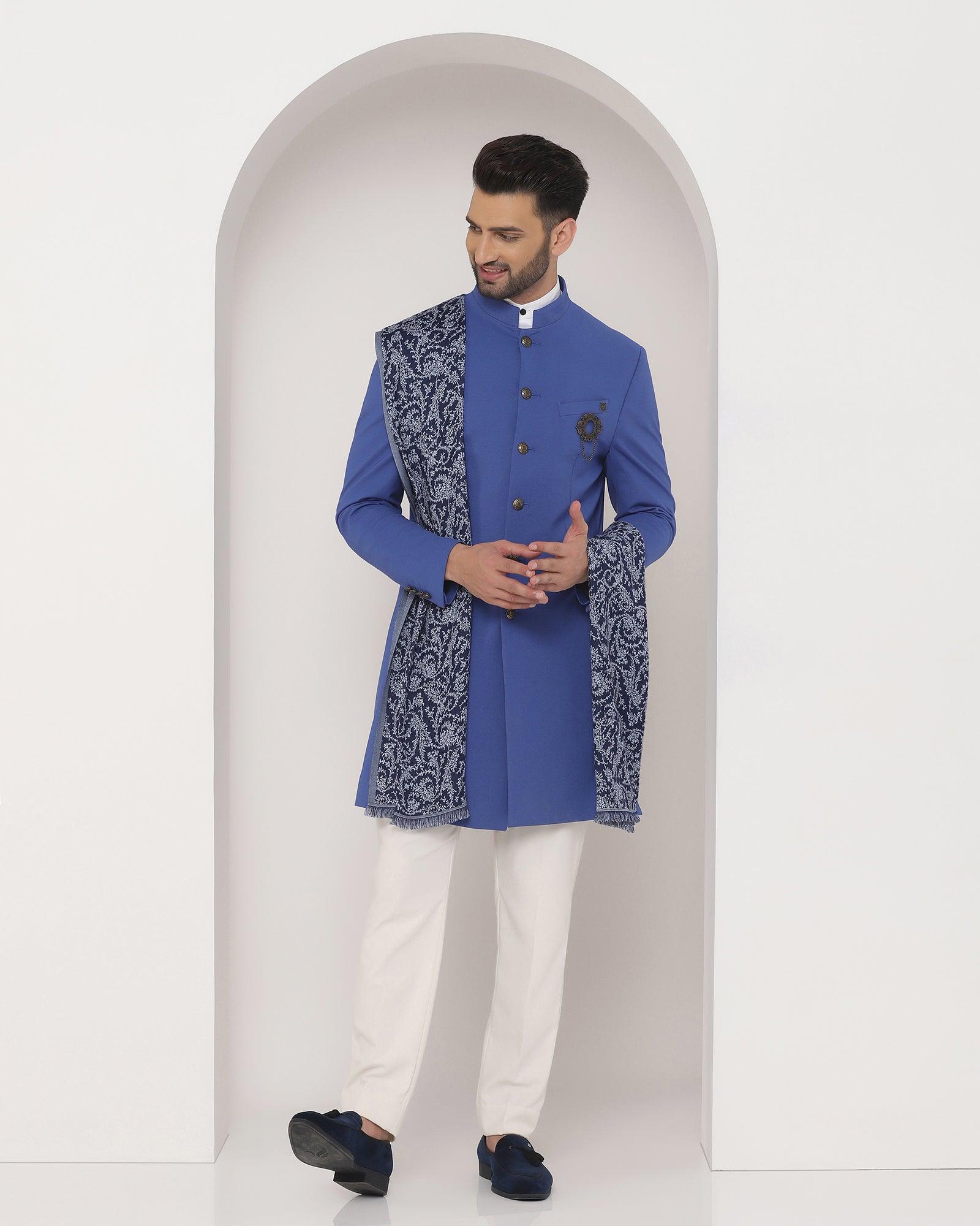 Swarn Two Piece Blue Textured Achkan Set - Regal - Blackberrys