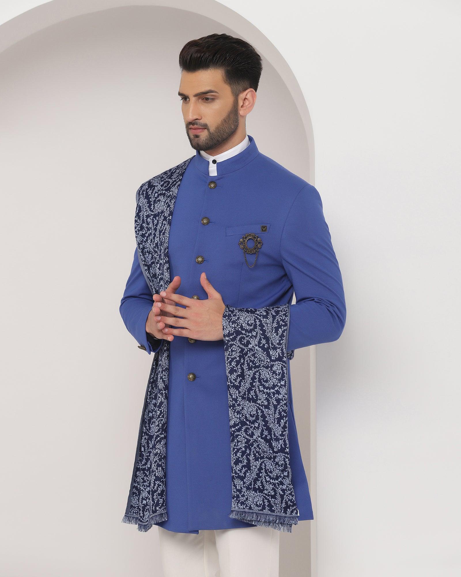 Swarn Two Piece Blue Textured Achkan Set - Regal - Blackberrys