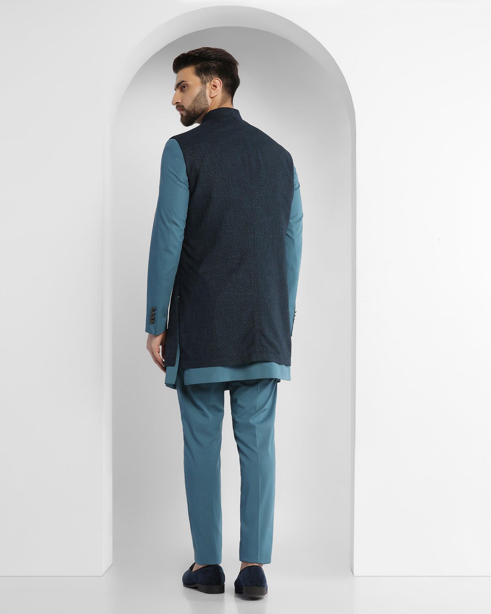 Textured Ethnic 2 Pcs Suit In Blue (King) - Blackberrys