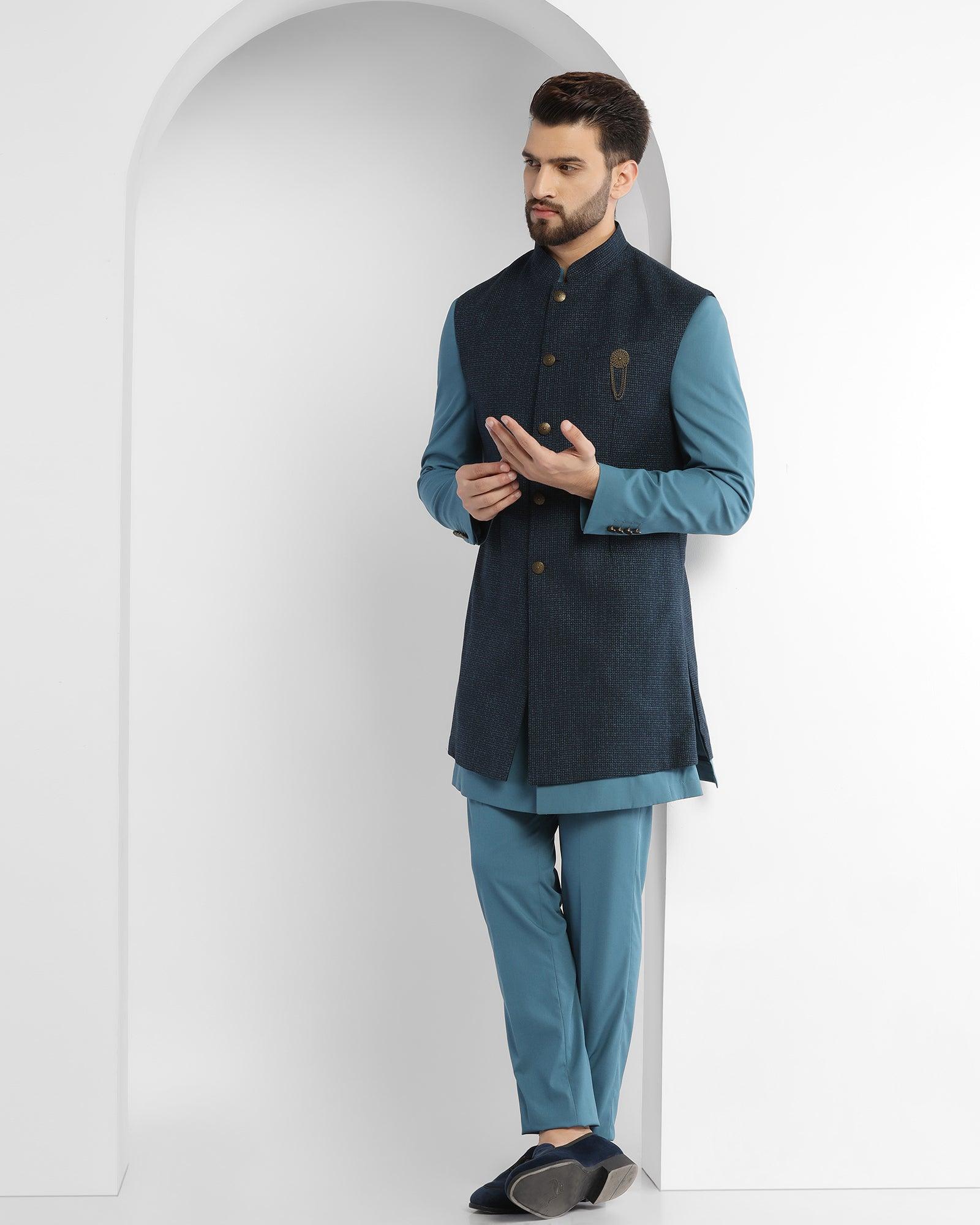 Textured Ethnic 2 Pcs Suit In Blue (King) - Blackberrys