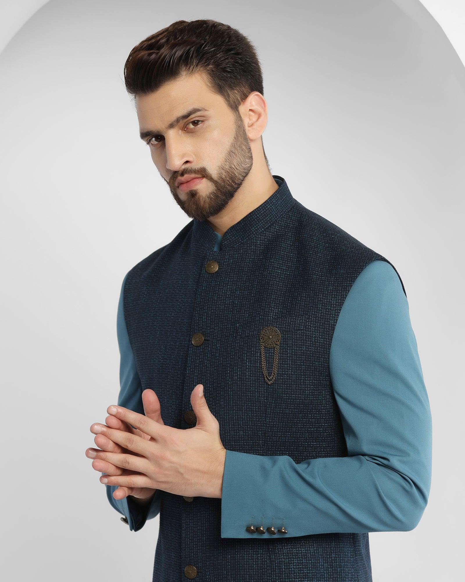 Textured Ethnic 2 Pcs Suit In Blue (King) - Blackberrys