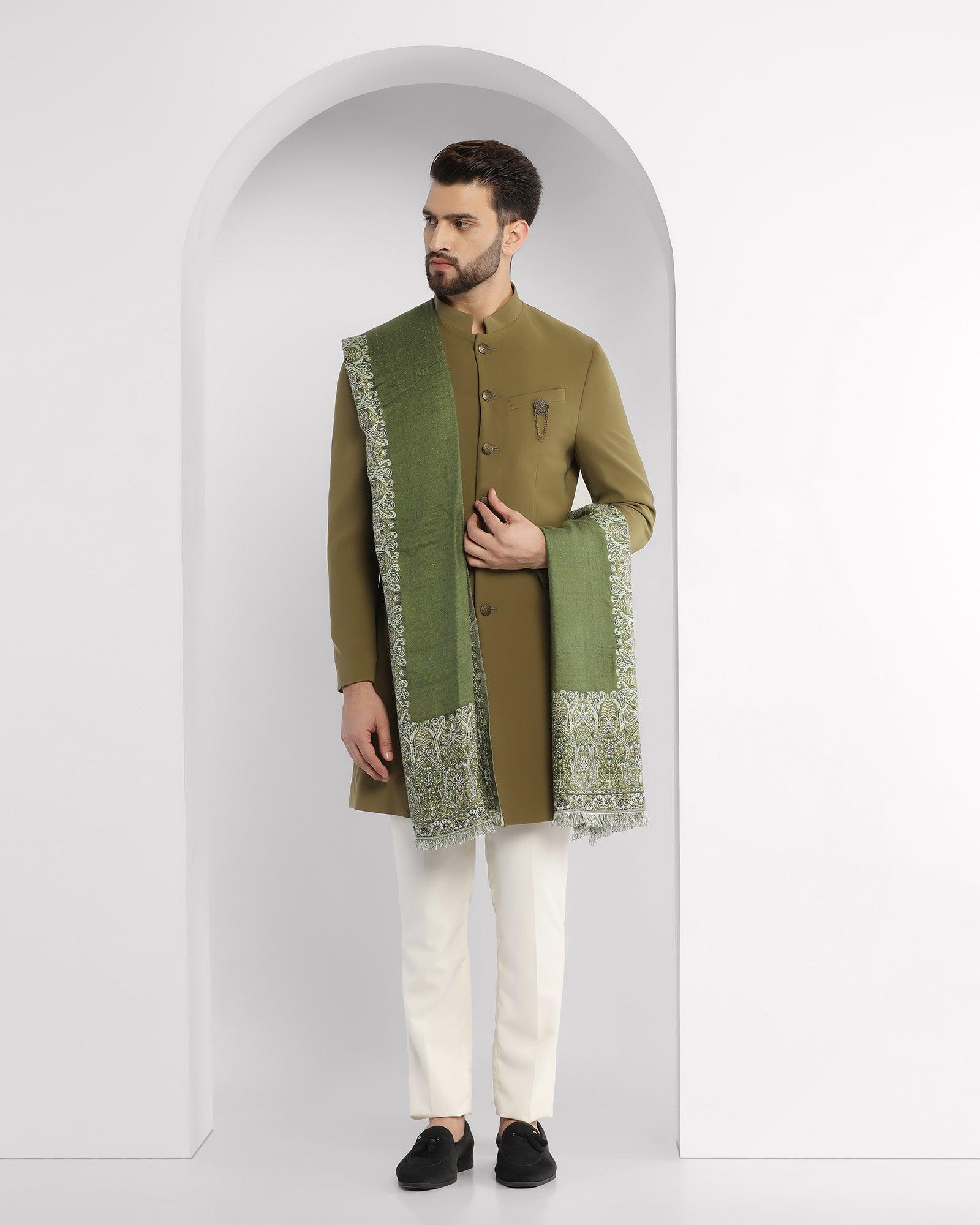 Textured Ethnic 2 Pcs Suit In Olive (Tren) - Blackberrys