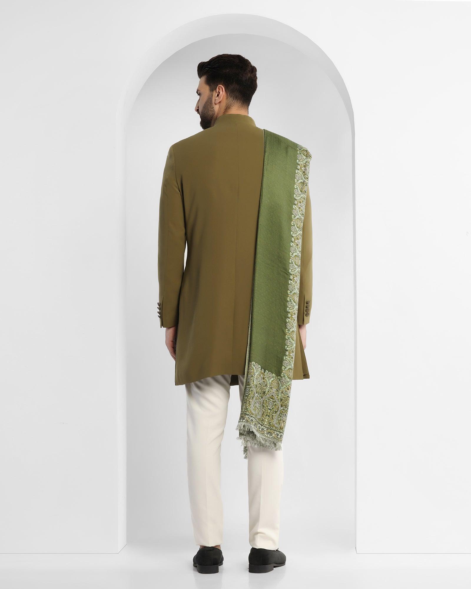 Textured Ethnic 2 Pcs Suit In Olive (Tren) - Blackberrys