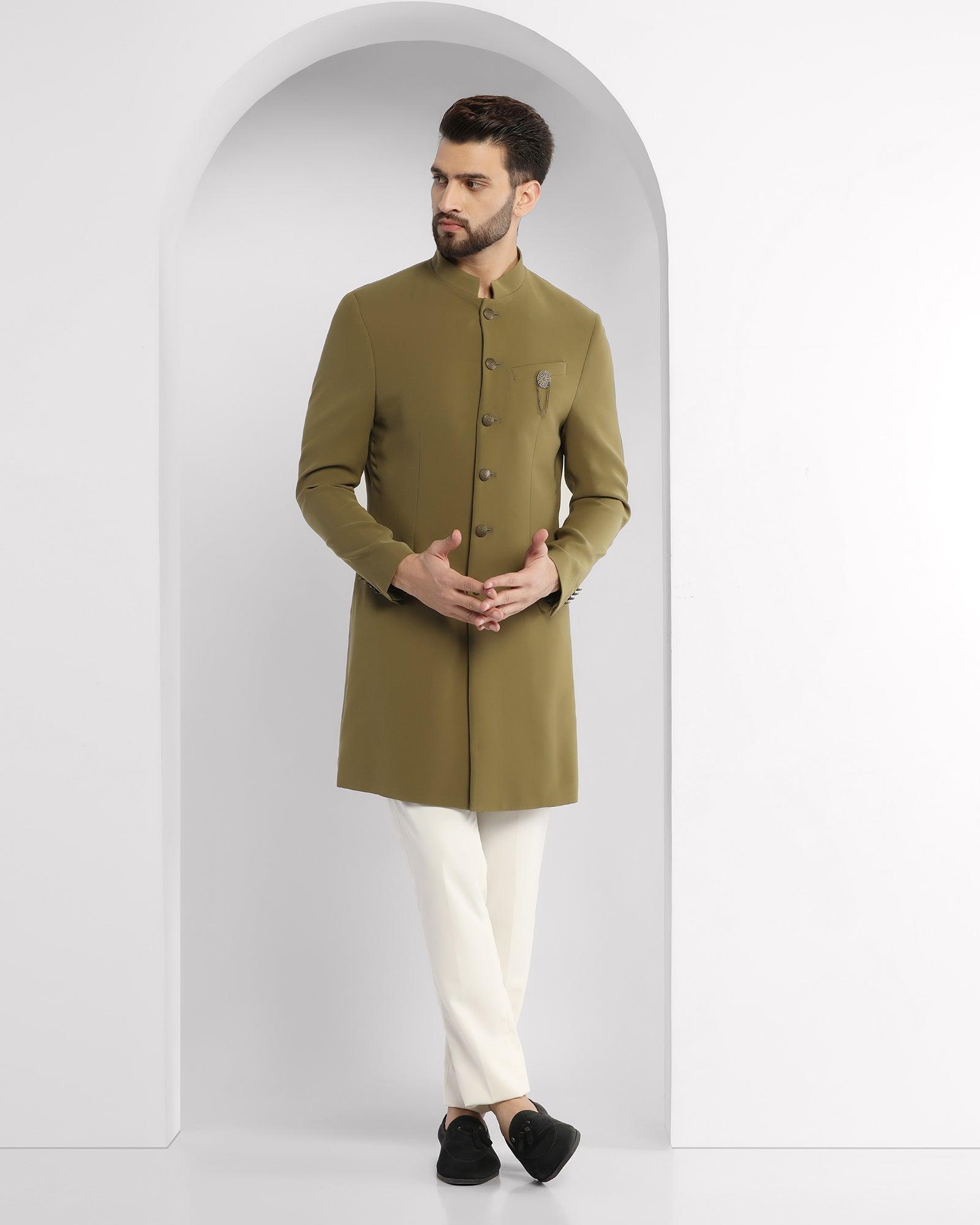 Textured Ethnic 2 Pcs Suit In Olive (Tren) - Blackberrys