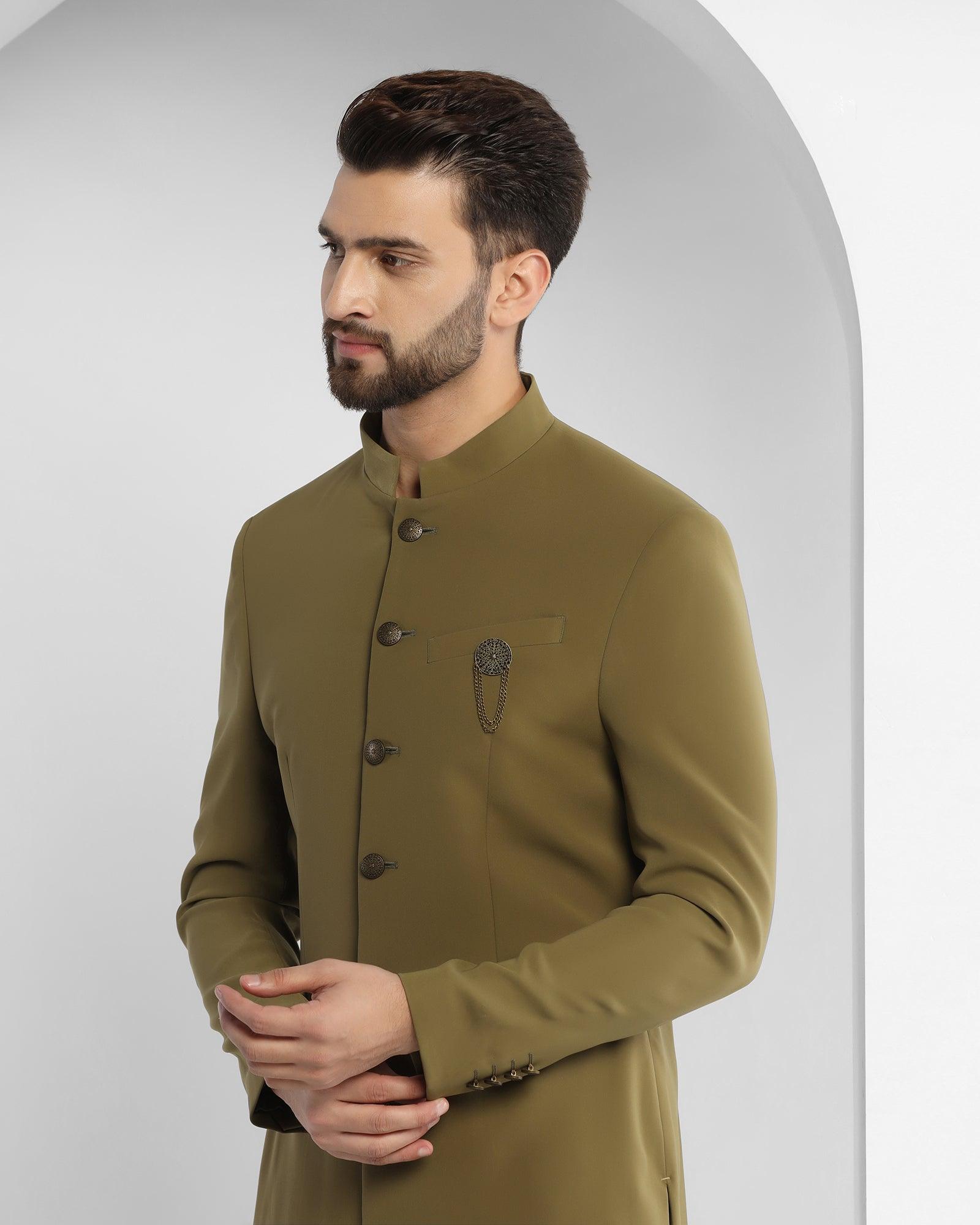 Textured Ethnic 2 Pcs Suit In Olive (Tren) - Blackberrys