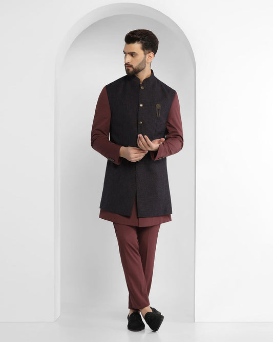 Wine Swarn Textured Achkan Set - King