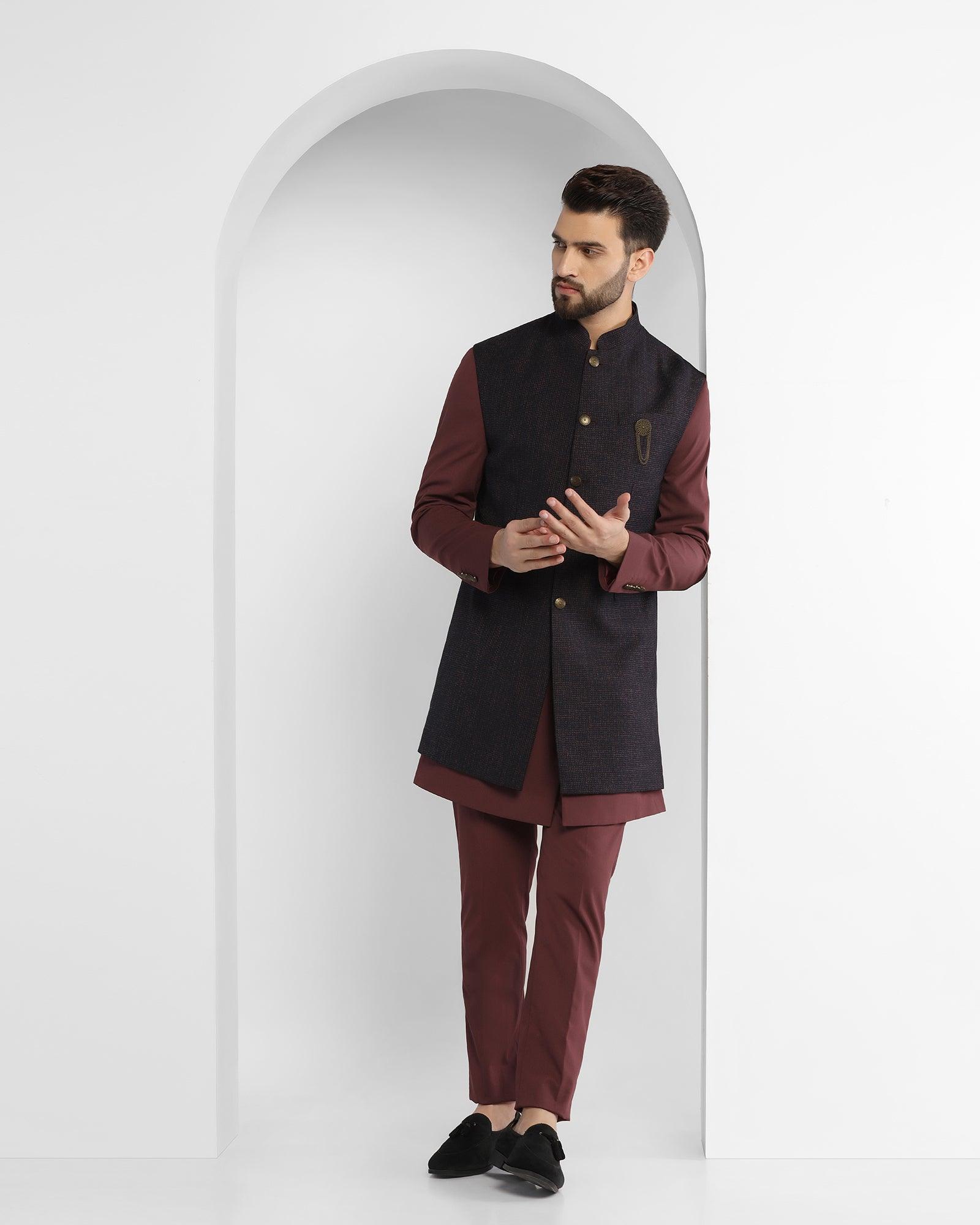 Textured Ethnic 2 Pcs Suit In Wine (King) - Blackberrys