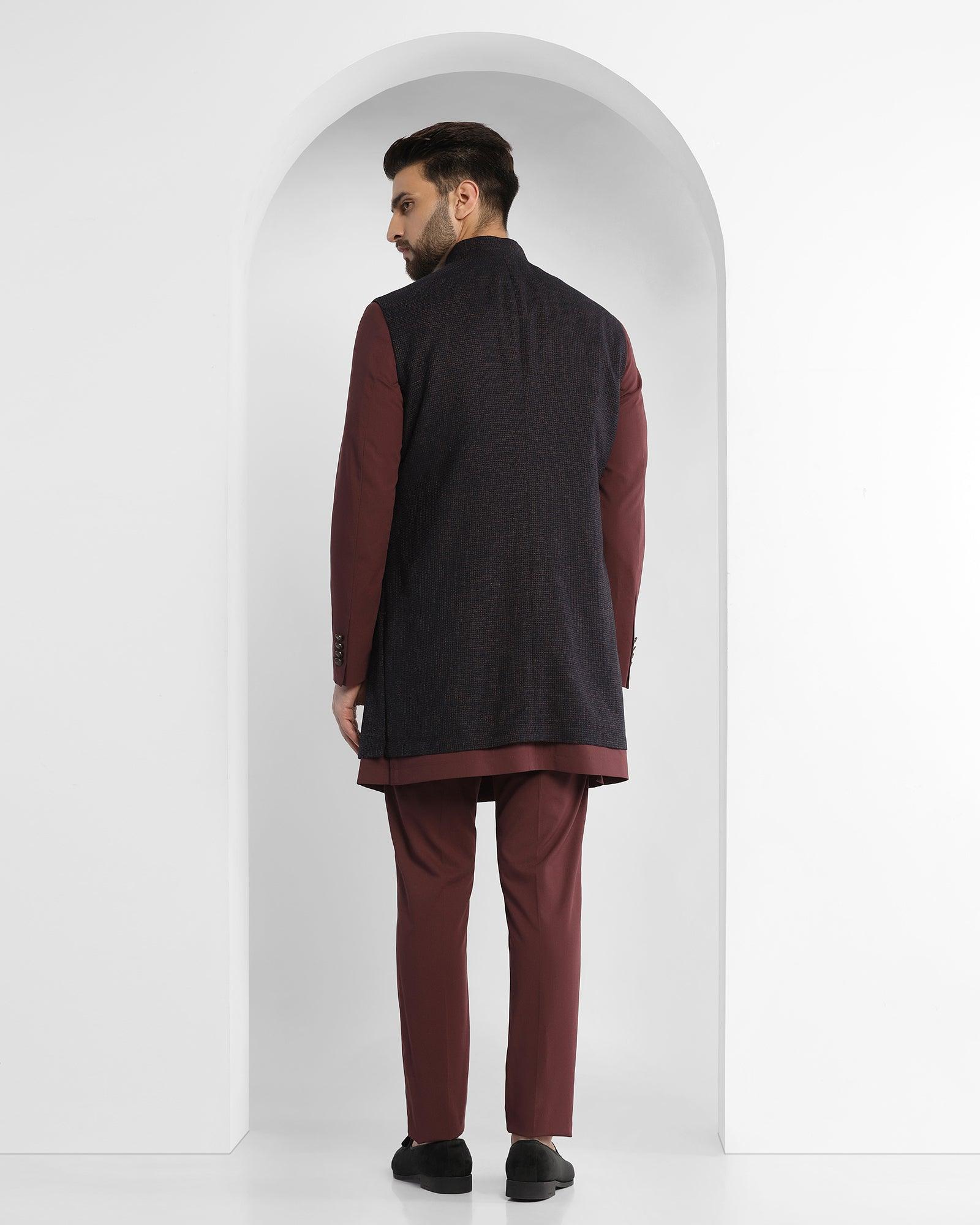 Textured Ethnic 2 Pcs Suit In Wine (King) - Blackberrys