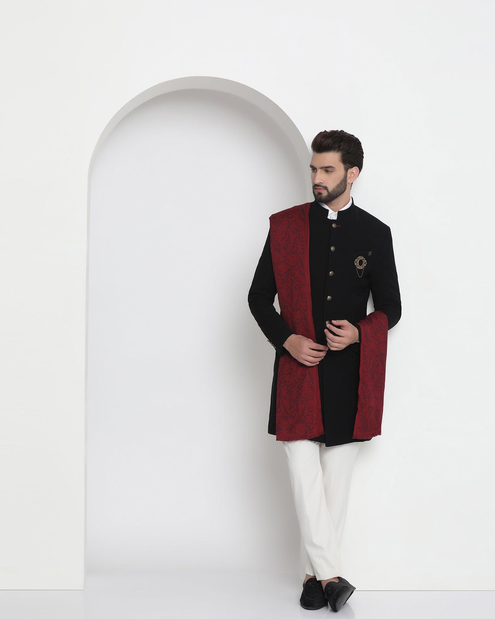 Swarn Two Piece Black Solid Achkan Set - Tren - Blackberrys