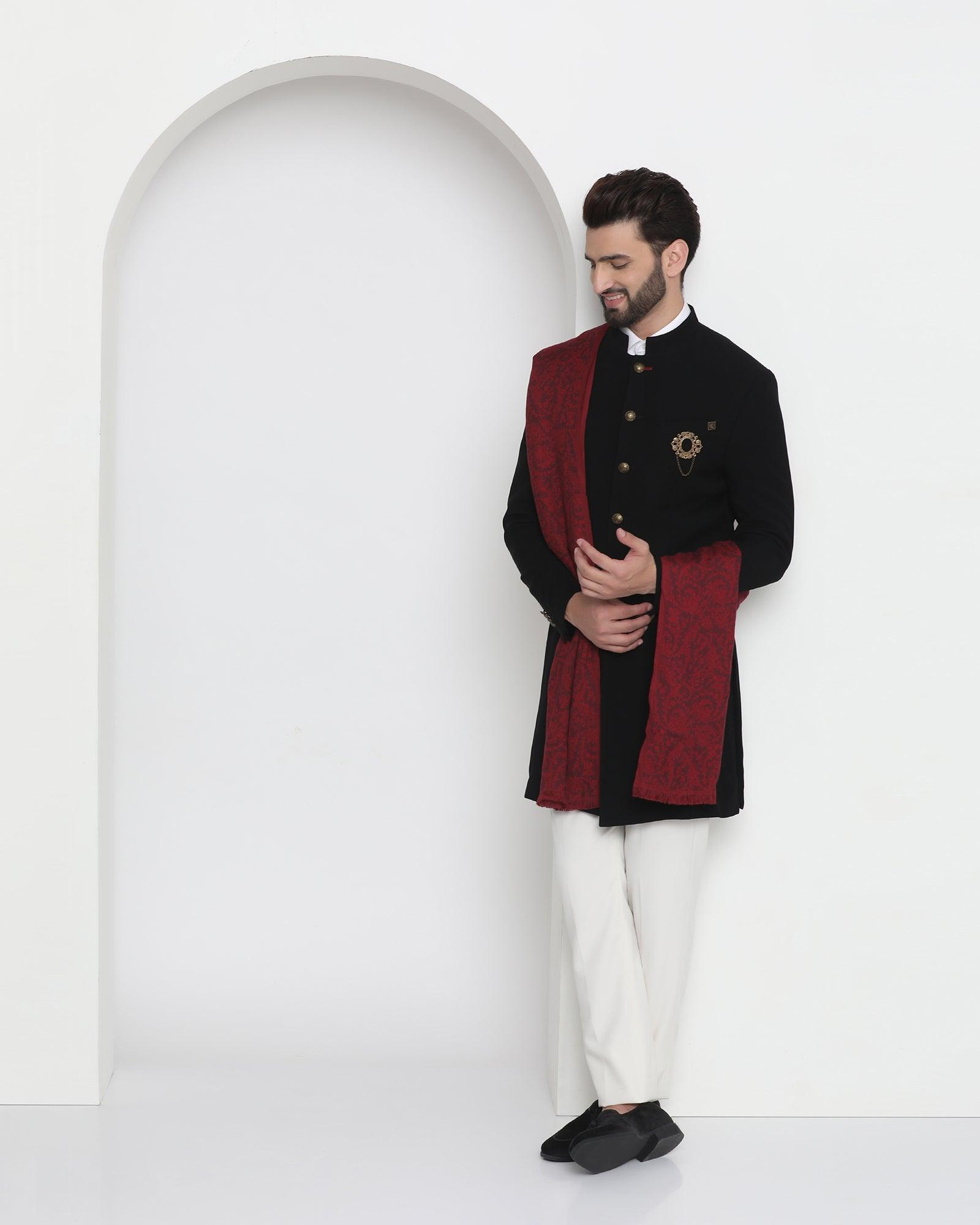 Swarn Two Piece Black Solid Achkan Set - Tren - Blackberrys