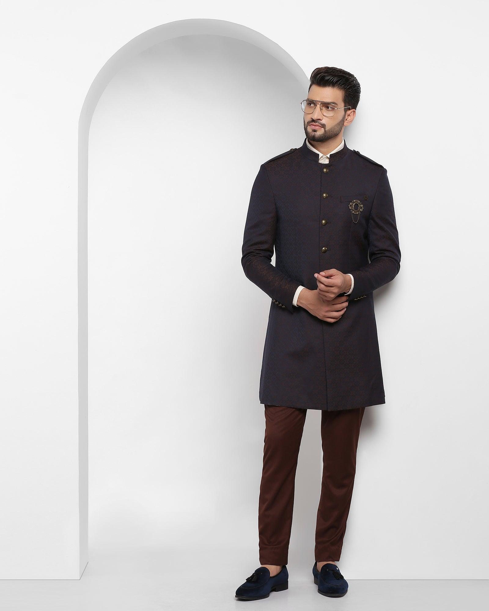 Swarn Two Piece Brown Printed Achkan Set - Waller - Blackberrys