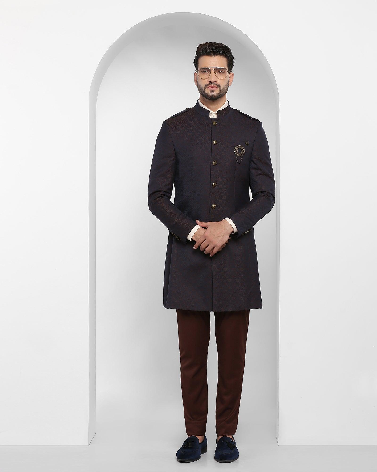 Swarn Two Piece Brown Printed Achkan Set - Waller - Blackberrys