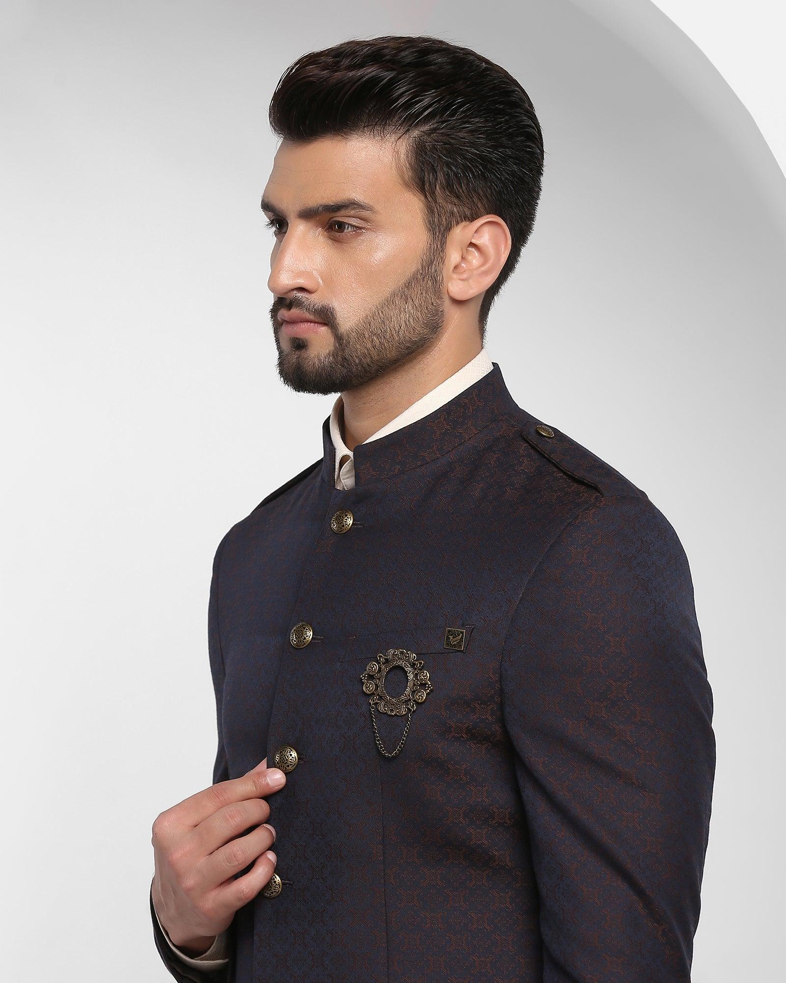 Swarn Two Piece Brown Printed Achkan Set - Waller - Blackberrys