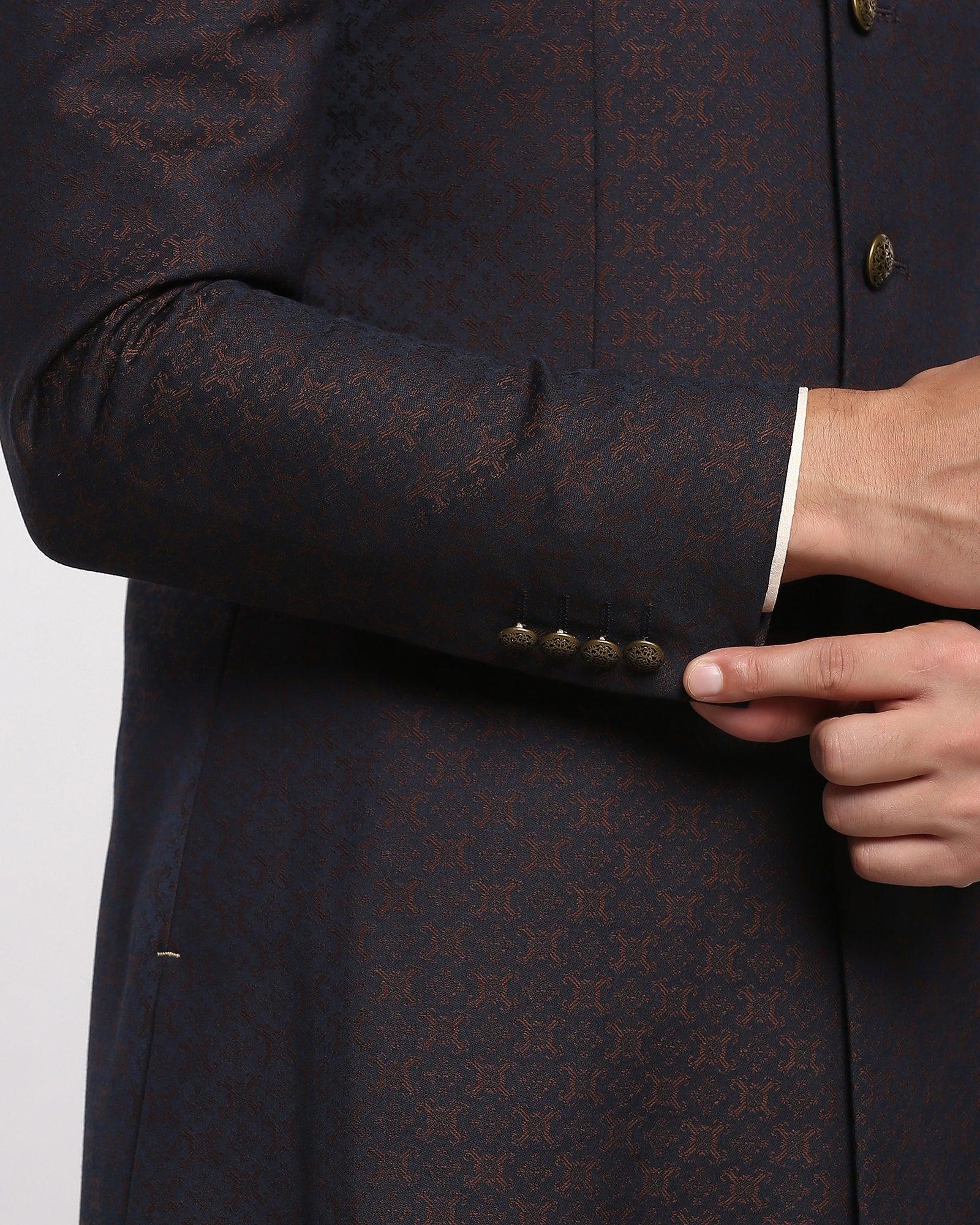 Swarn Two Piece Brown Printed Achkan Set - Waller - Blackberrys