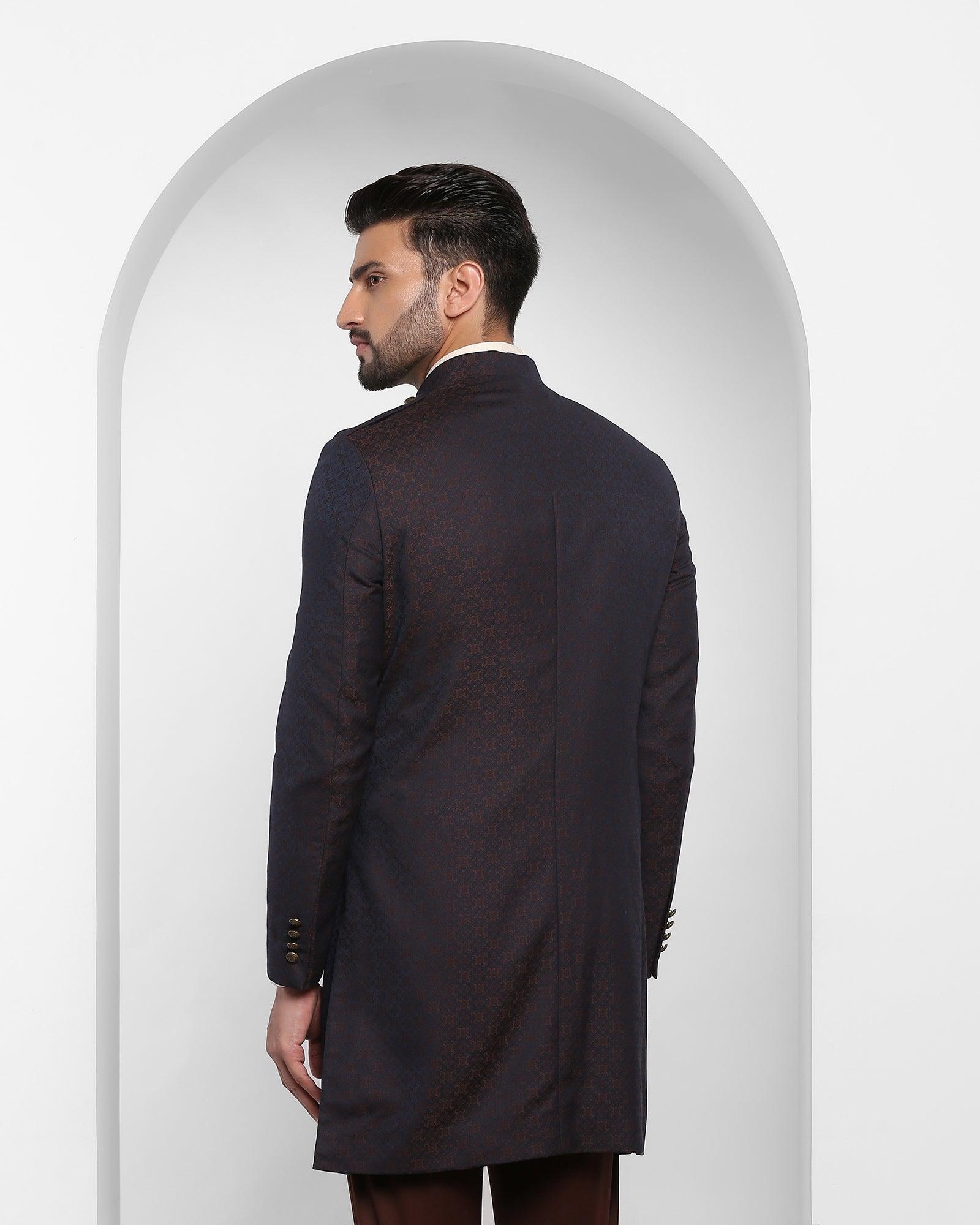 Swarn Two Piece Brown Printed Achkan Set - Waller - Blackberrys