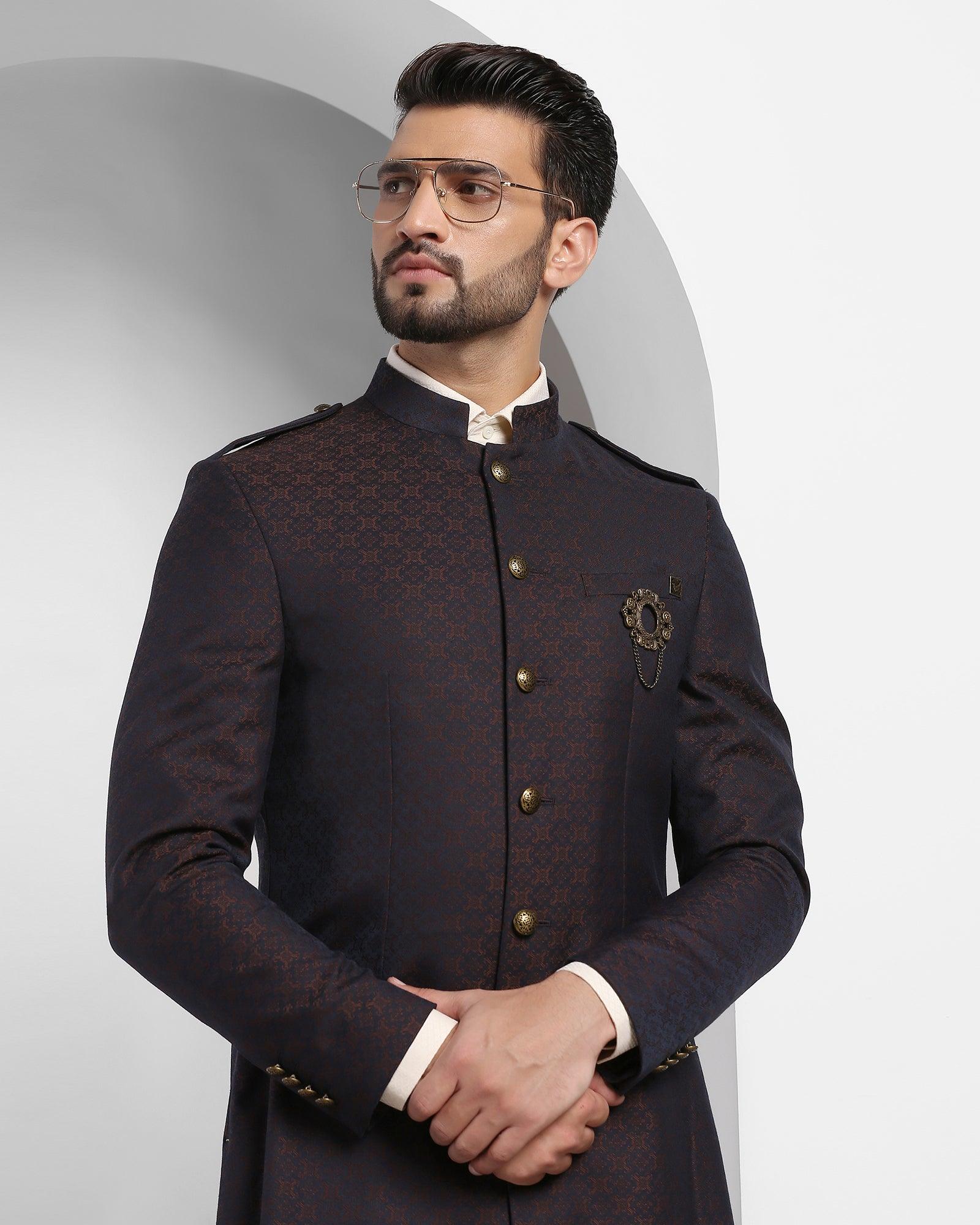 Swarn Two Piece Brown Printed Achkan Set - Waller - Blackberrys