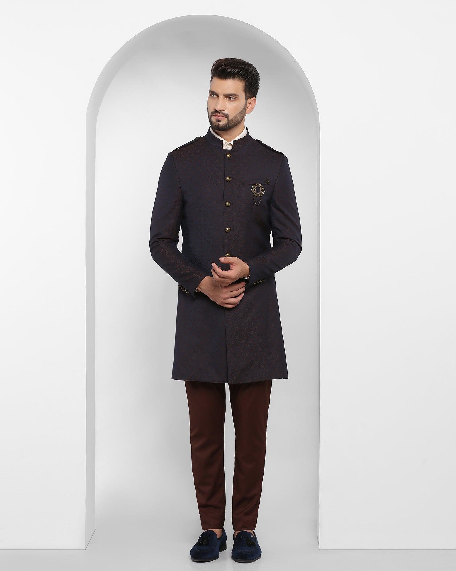 Swarn Two Piece Brown Printed Achkan Set - Waller - Blackberrys