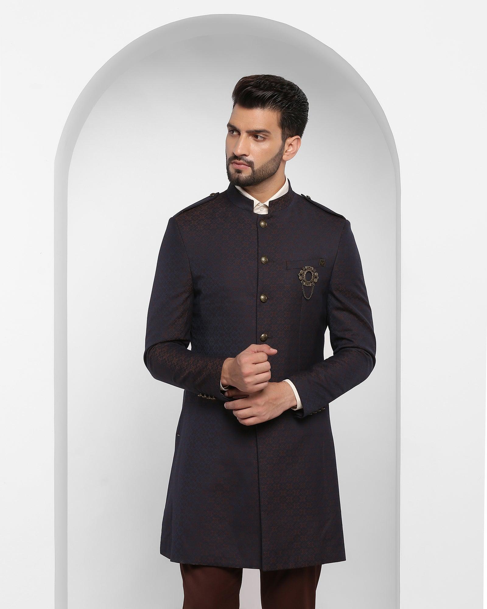 Swarn Two Piece Brown Printed Achkan Set - Waller - Blackberrys