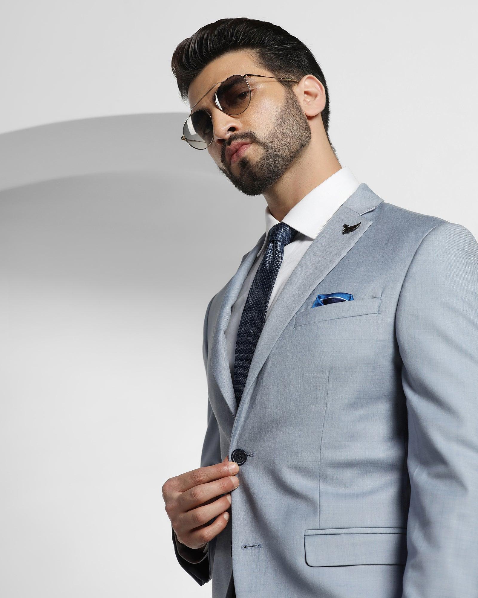 Two Piece Blue Solid Formal Suit - Adera