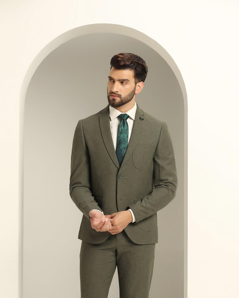 Two Piece Olive Green Solid Formal Suit - Juttex