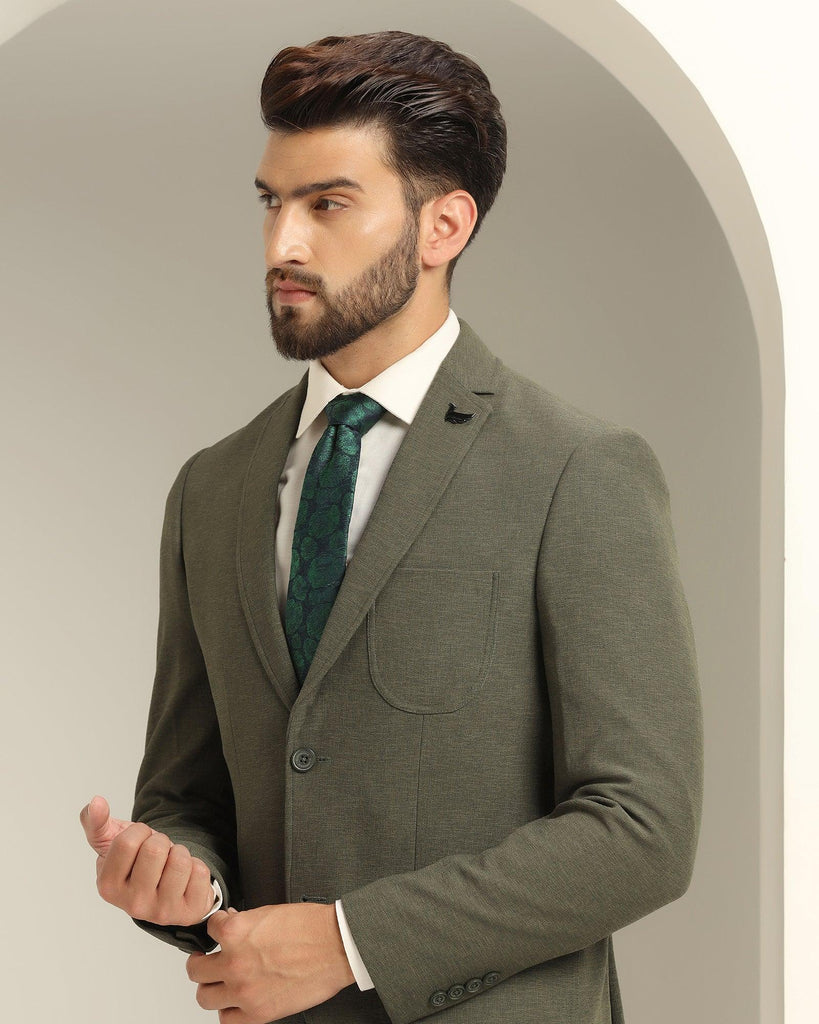 Two Piece Olive Green Solid Formal Suit - Juttex