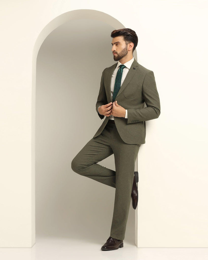 Two Piece Olive Green Solid Formal Suit - Juttex