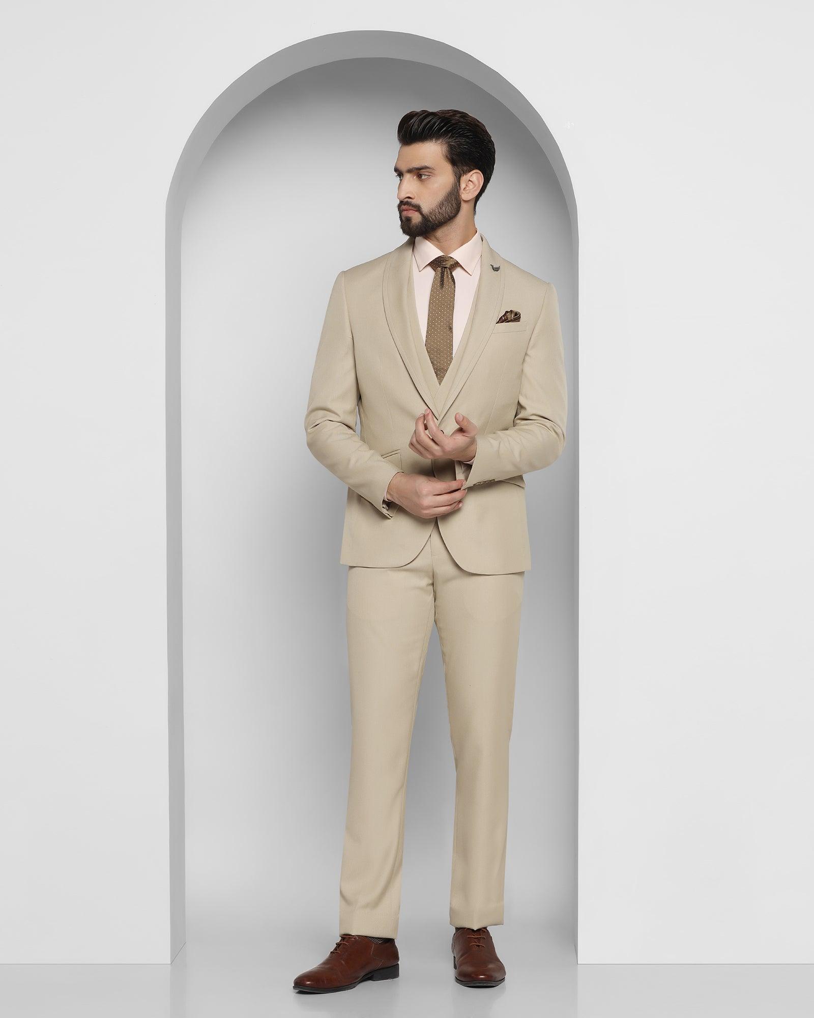 Three Piece Beige Solid Formal Suit - Dimitri