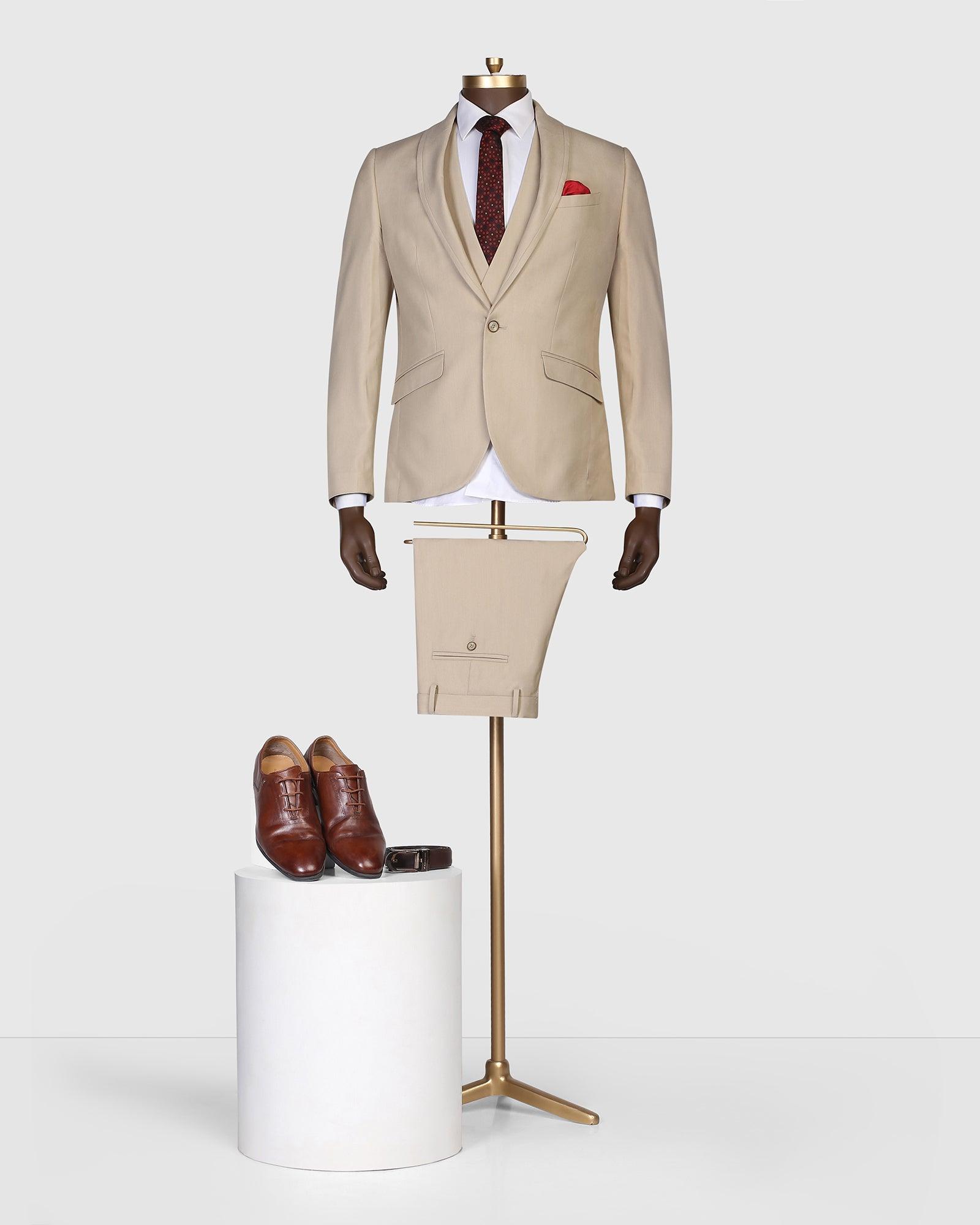 Three Piece Beige Solid Formal Suit - Dimitri