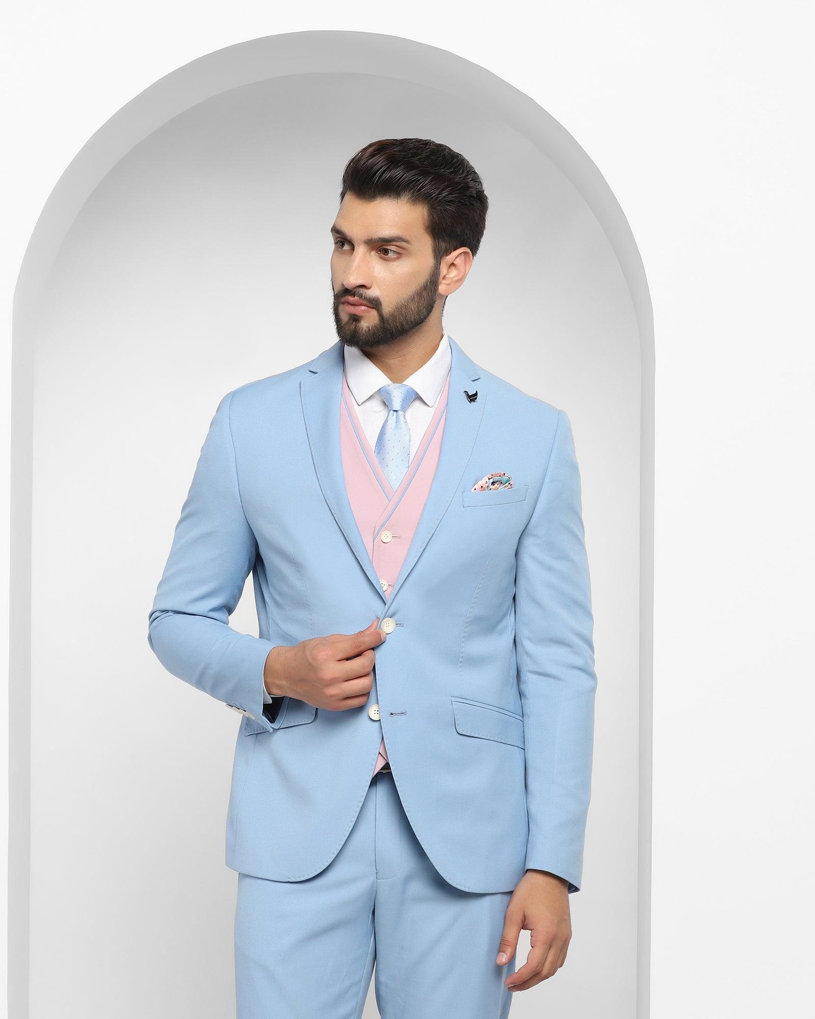 Three Piece Blue Solid Formal Suit - Oleto