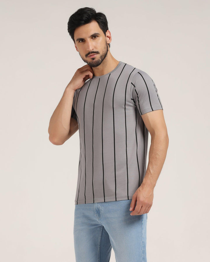 Crew Neck Taupe Grey Stripe T-Shirt - Ginger