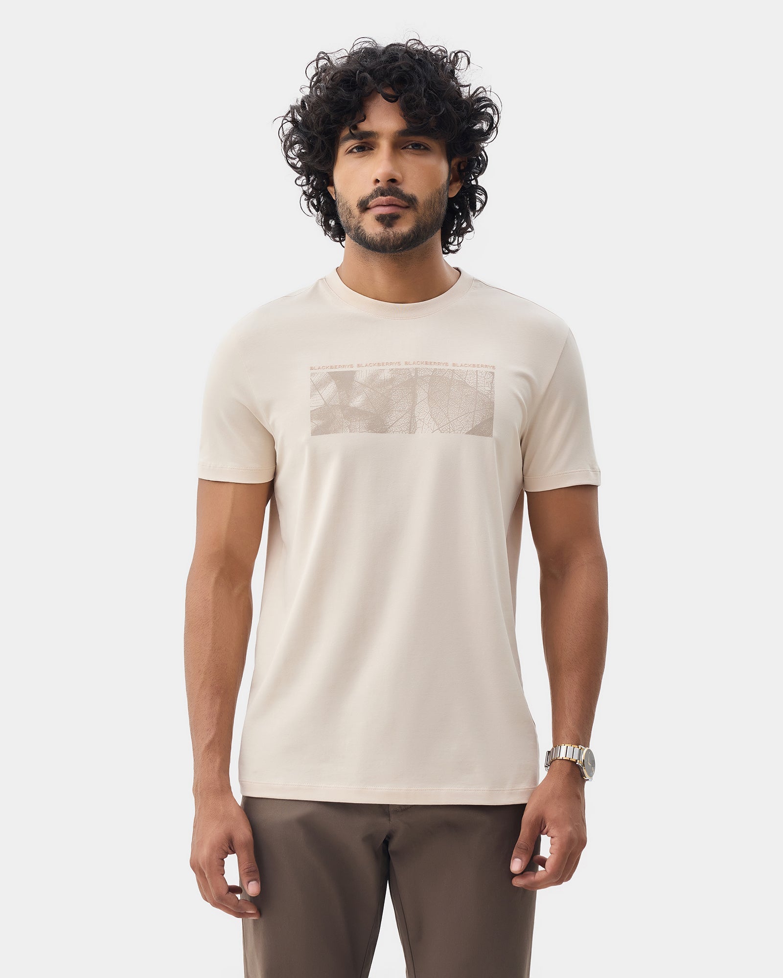 Almond Beige Crew Neck Printed T-Shirt - Supi