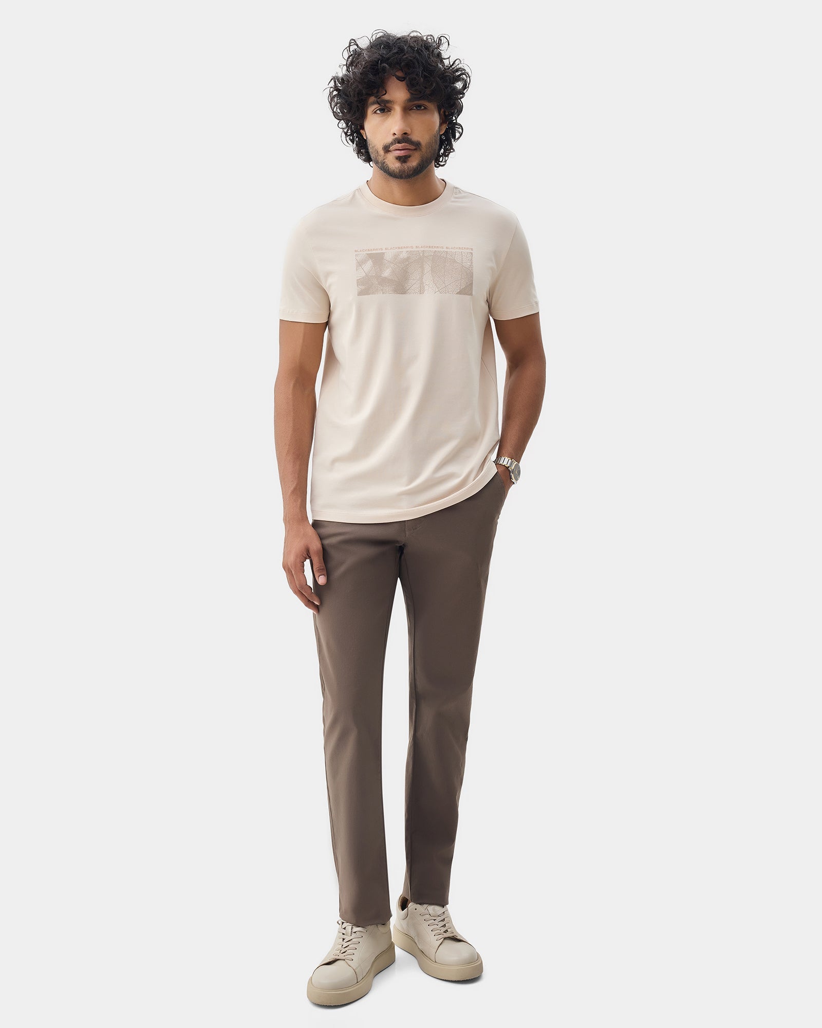 Almond Beige Crew Neck Printed T-Shirt - Supi
