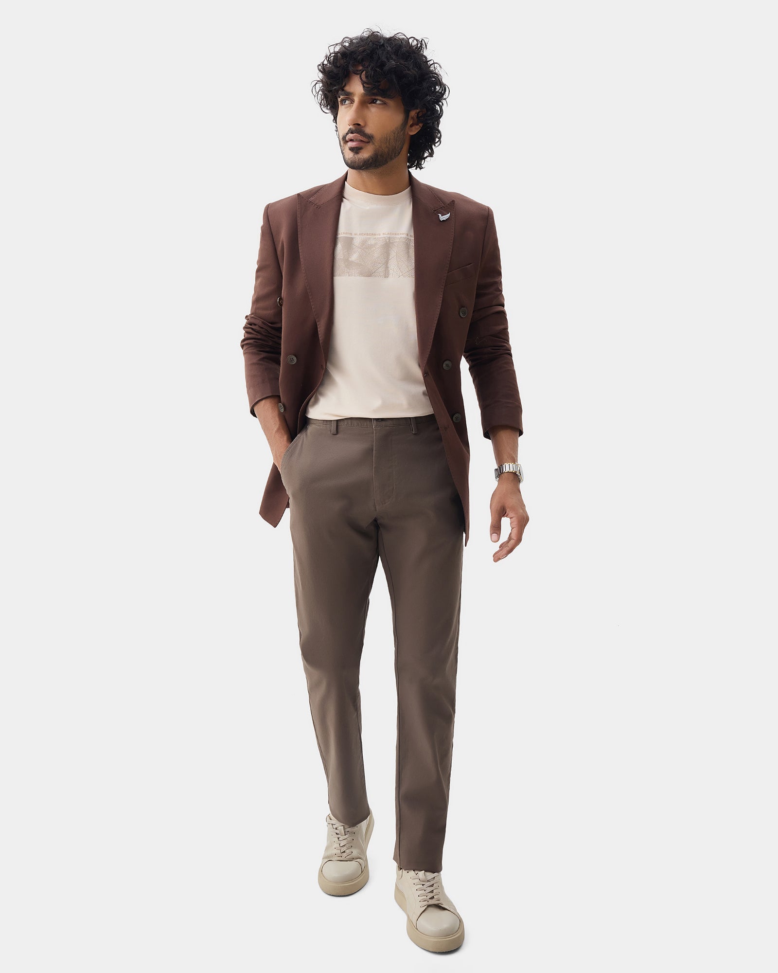 Almond Beige Crew Neck Printed T-Shirt - Supi