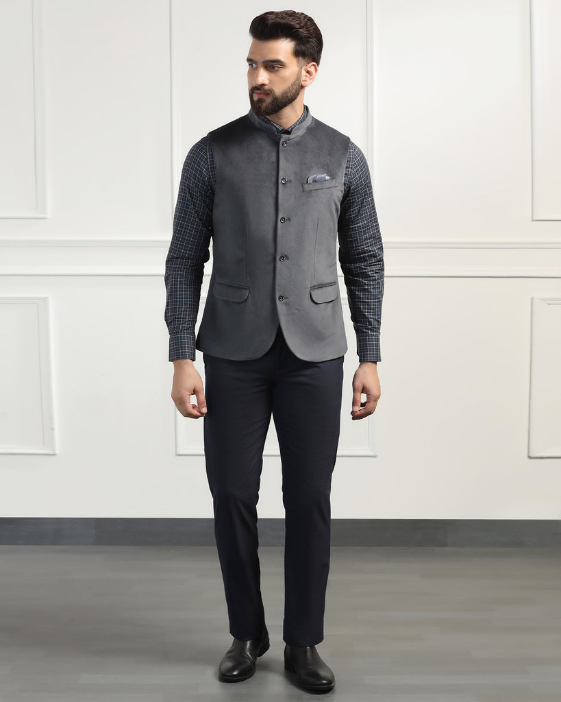 Bandhgala Formal Dark Grey Textured Waistcoat - Emira