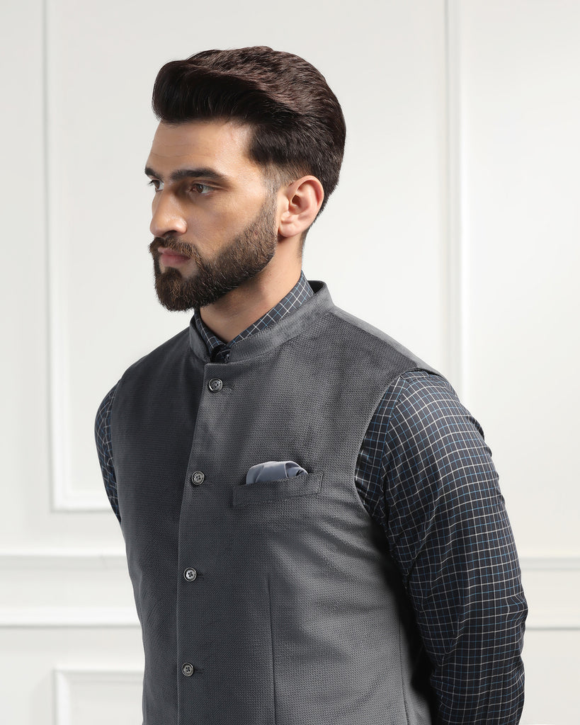 Bandhgala Formal Dark Grey Textured Waistcoat - Emira