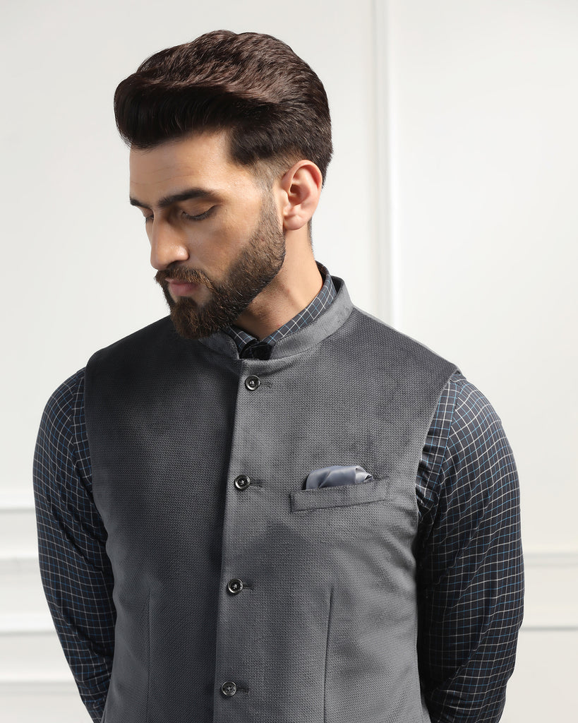 Bandhgala Formal Dark Grey Textured Waistcoat - Emira