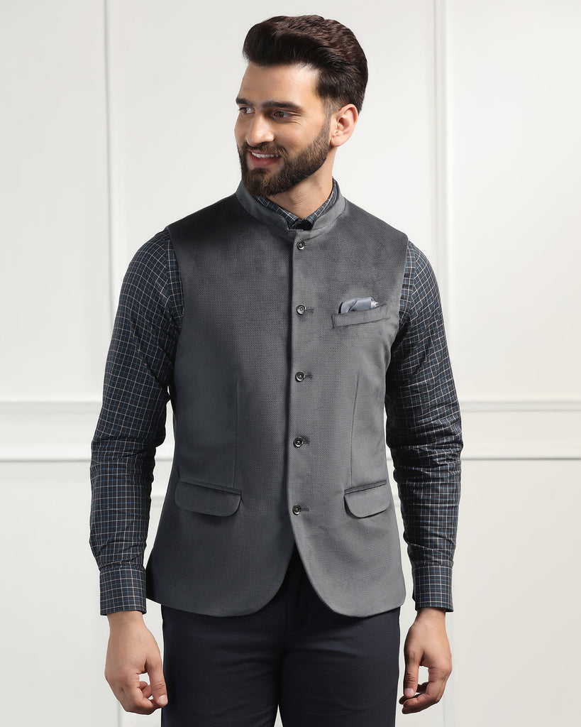 Bandhgala Formal Dark Grey Textured Waistcoat - Emira