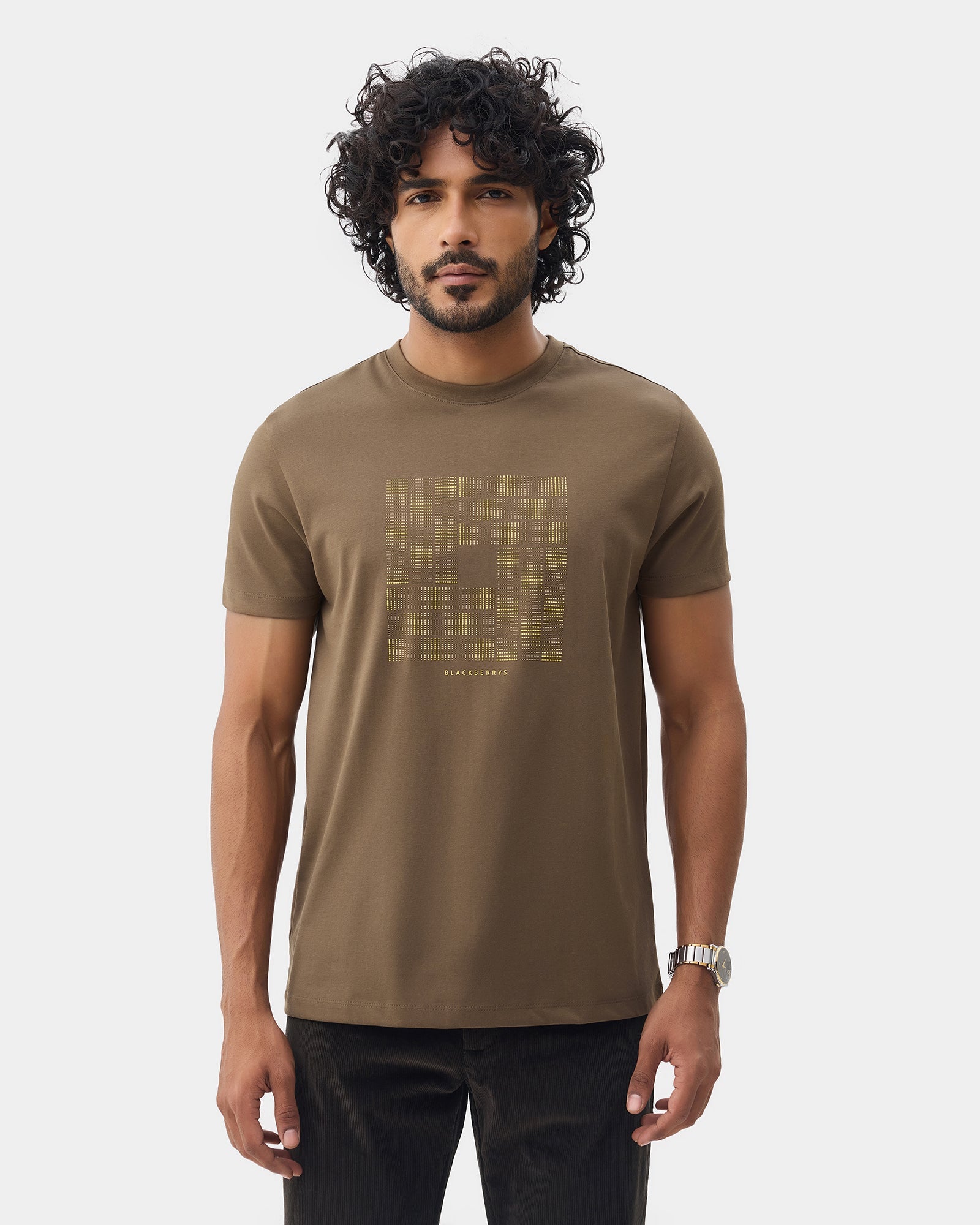 Bear Brown Crew Neck Printed T-Shirt - Donbei