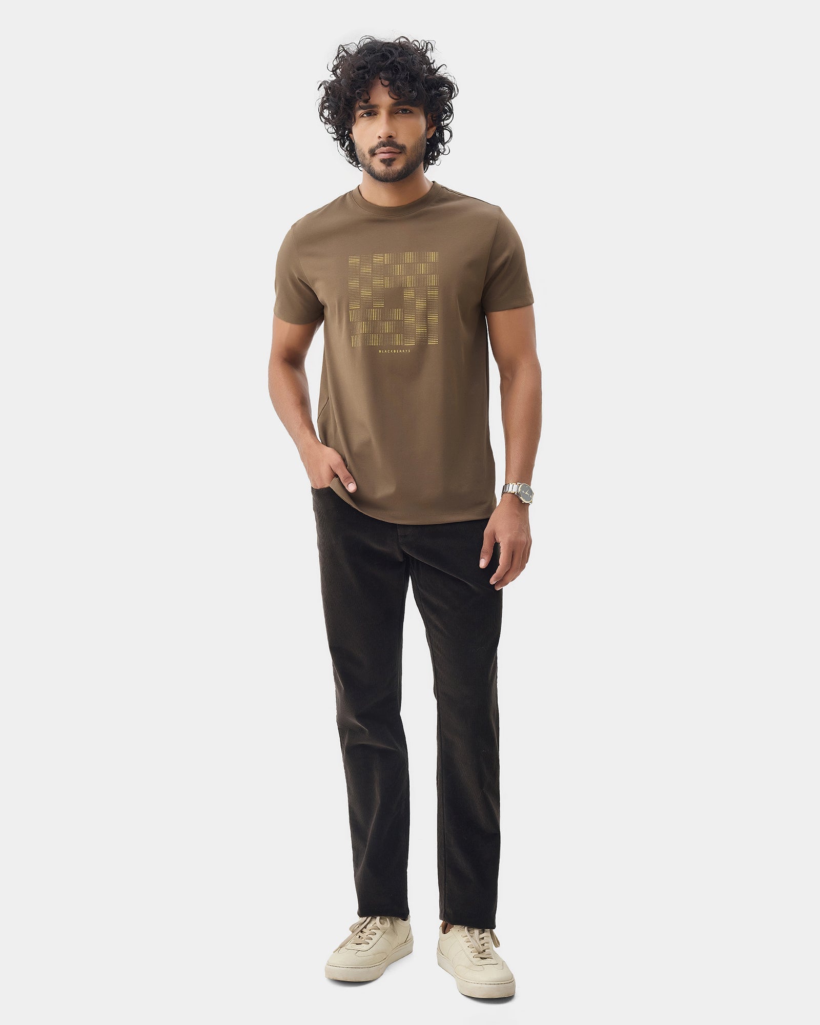 Bear Brown Crew Neck Printed T-Shirt - Donbei