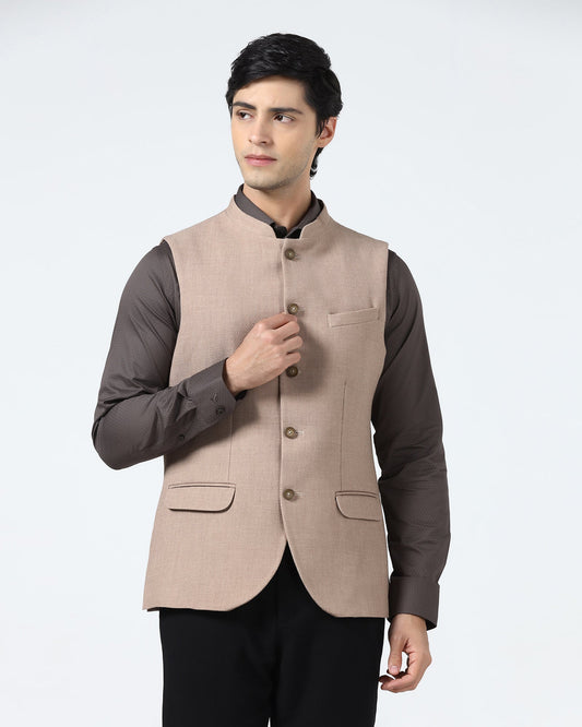 Beige Bandhgala Textured Waistcoat - Cadens