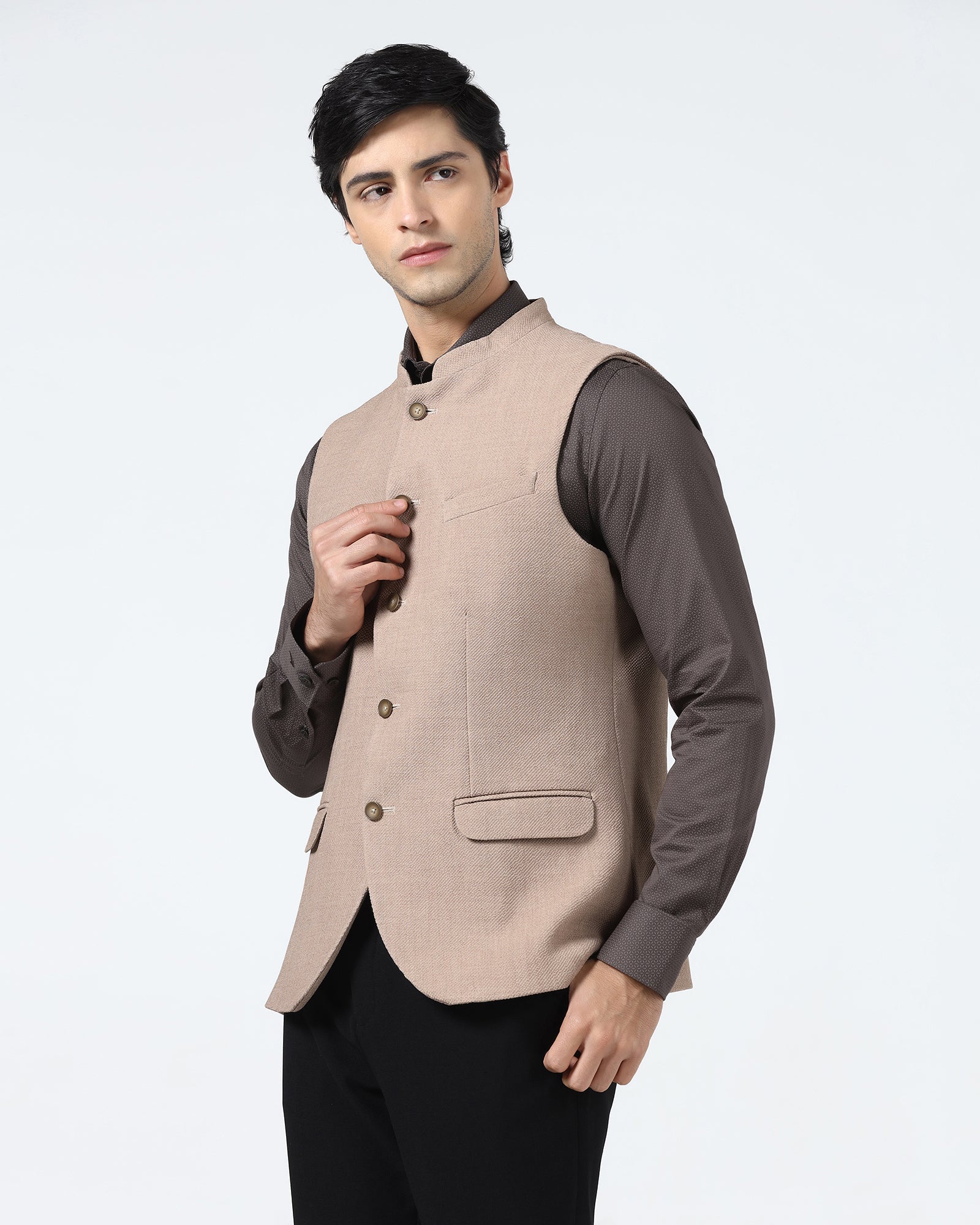 Beige Bandhgala Textured Waistcoat - Cadens