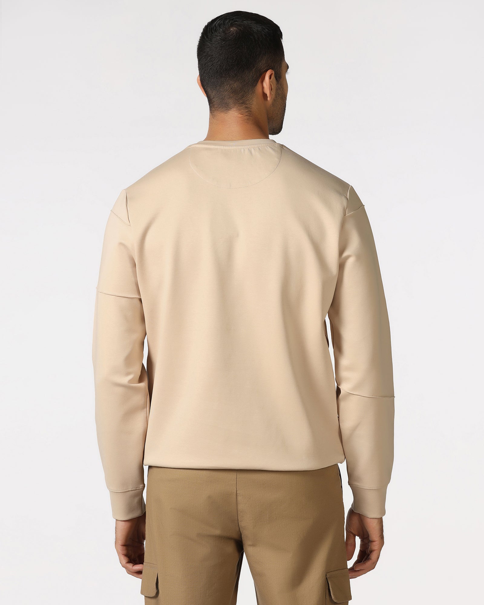 Beige Crew Neck Solid Sweatshirt - Dapper