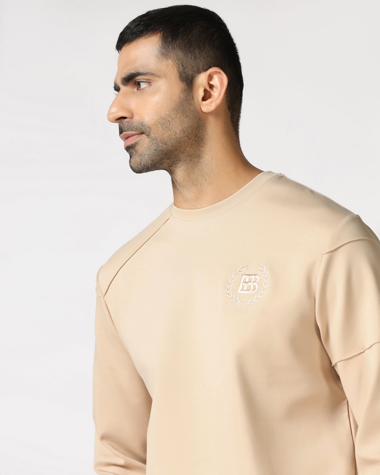Beige Crew Neck Solid Sweatshirt - Dapper