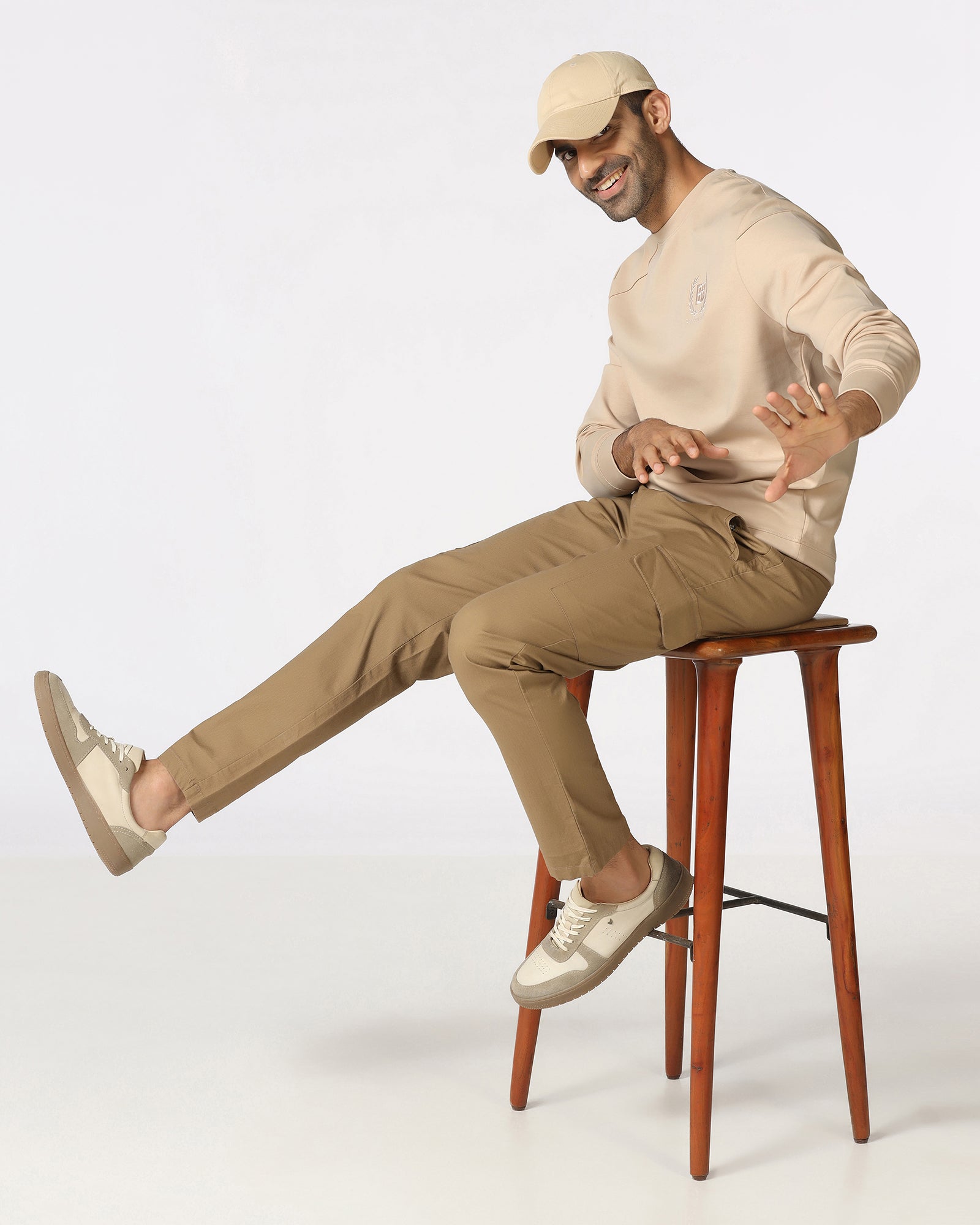 Beige Crew Neck Solid Sweatshirt - Dapper