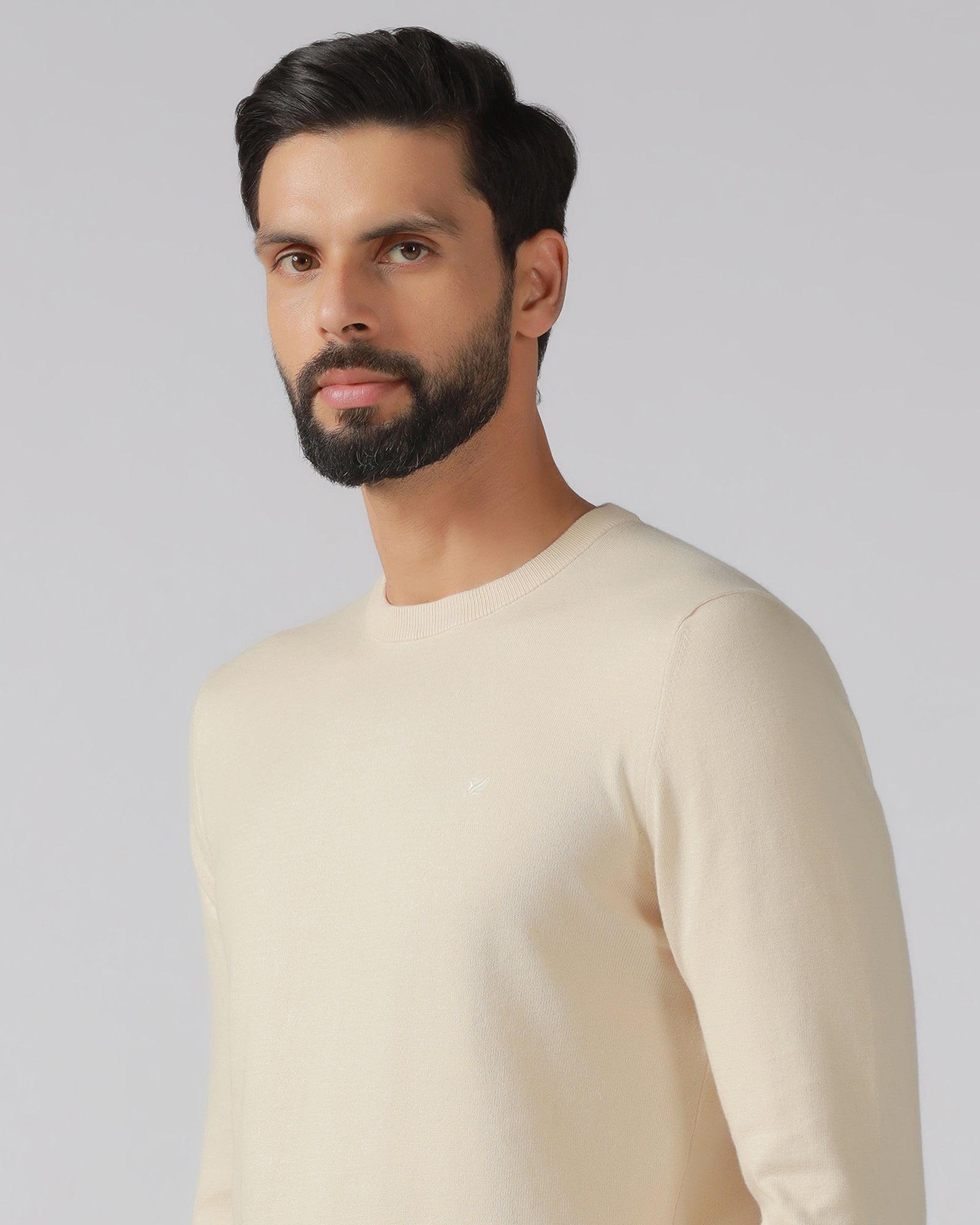Beige Crew Neck Solid Sweater - Mario