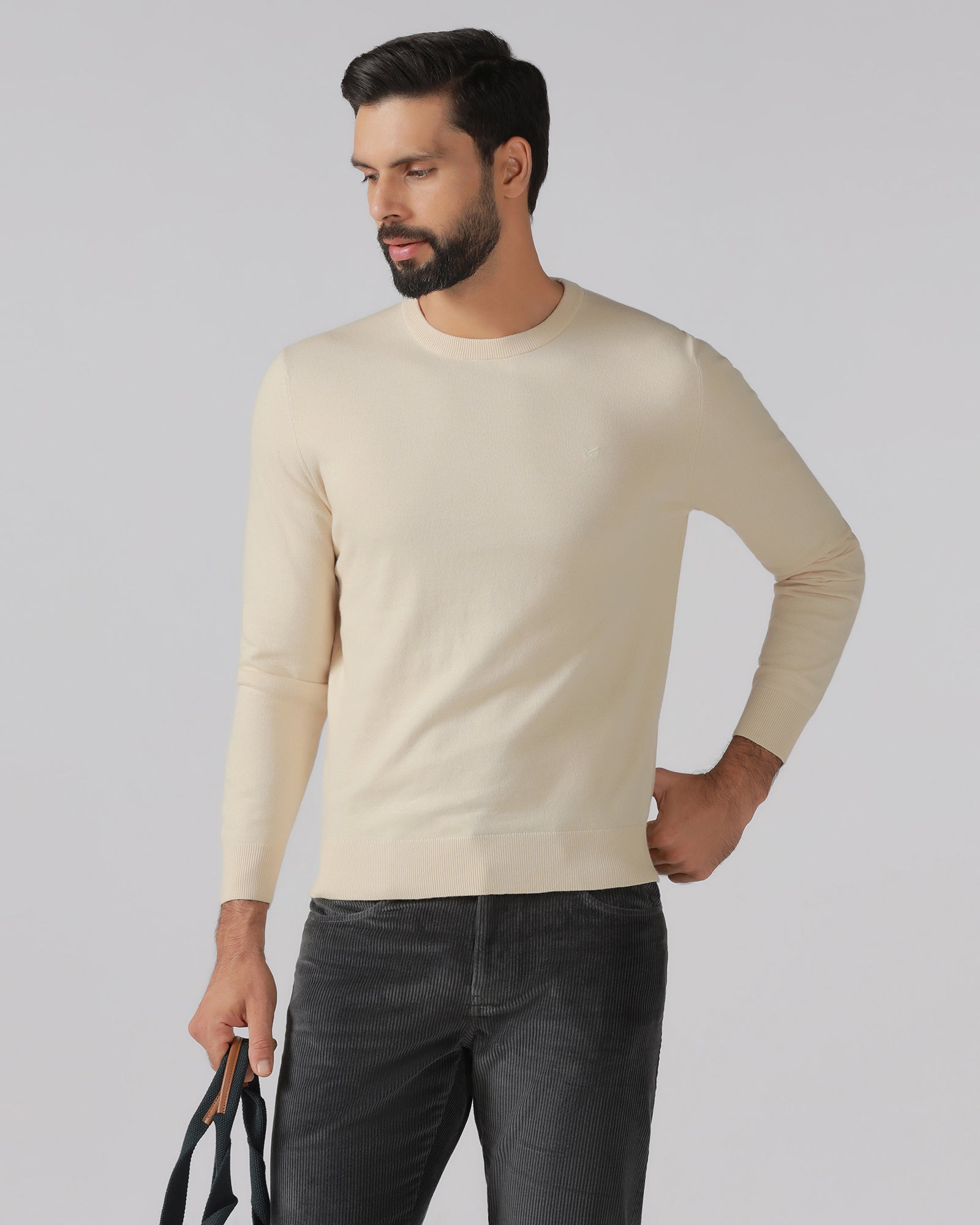 Beige Crew Neck Solid Sweater - Mario