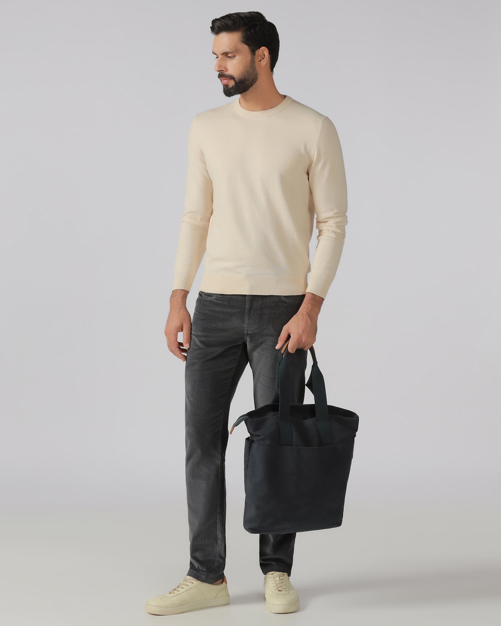 Beige Crew Neck Solid Sweater - Mario