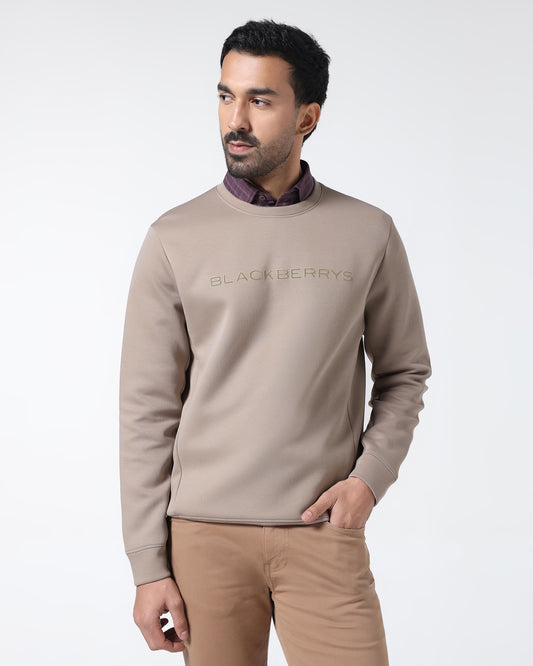 Beige Crew Neck Solid Sweatshirt - Rio